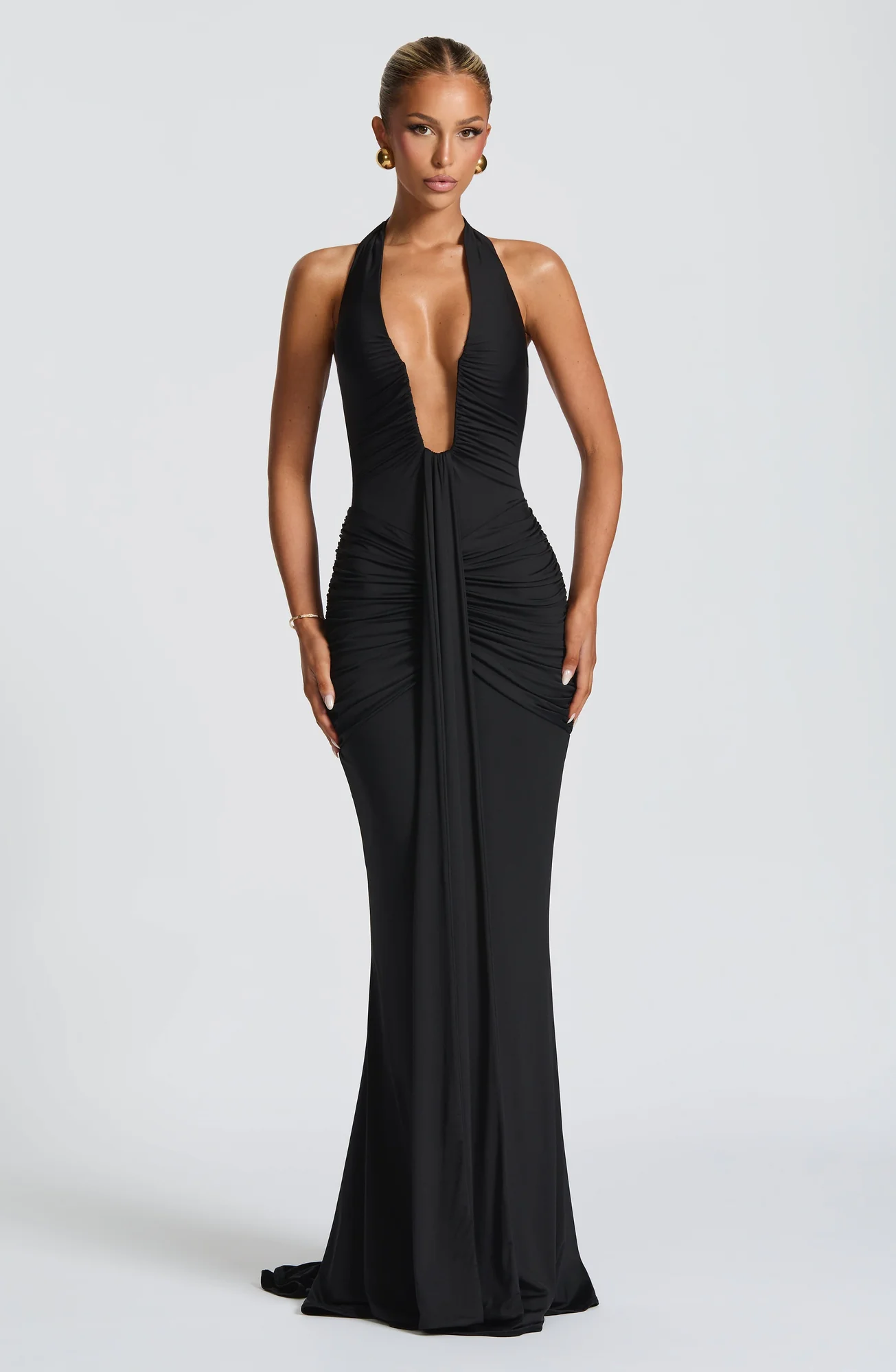 Black Halterneck Jersey Maxi Dress with Dramatic Silhouette