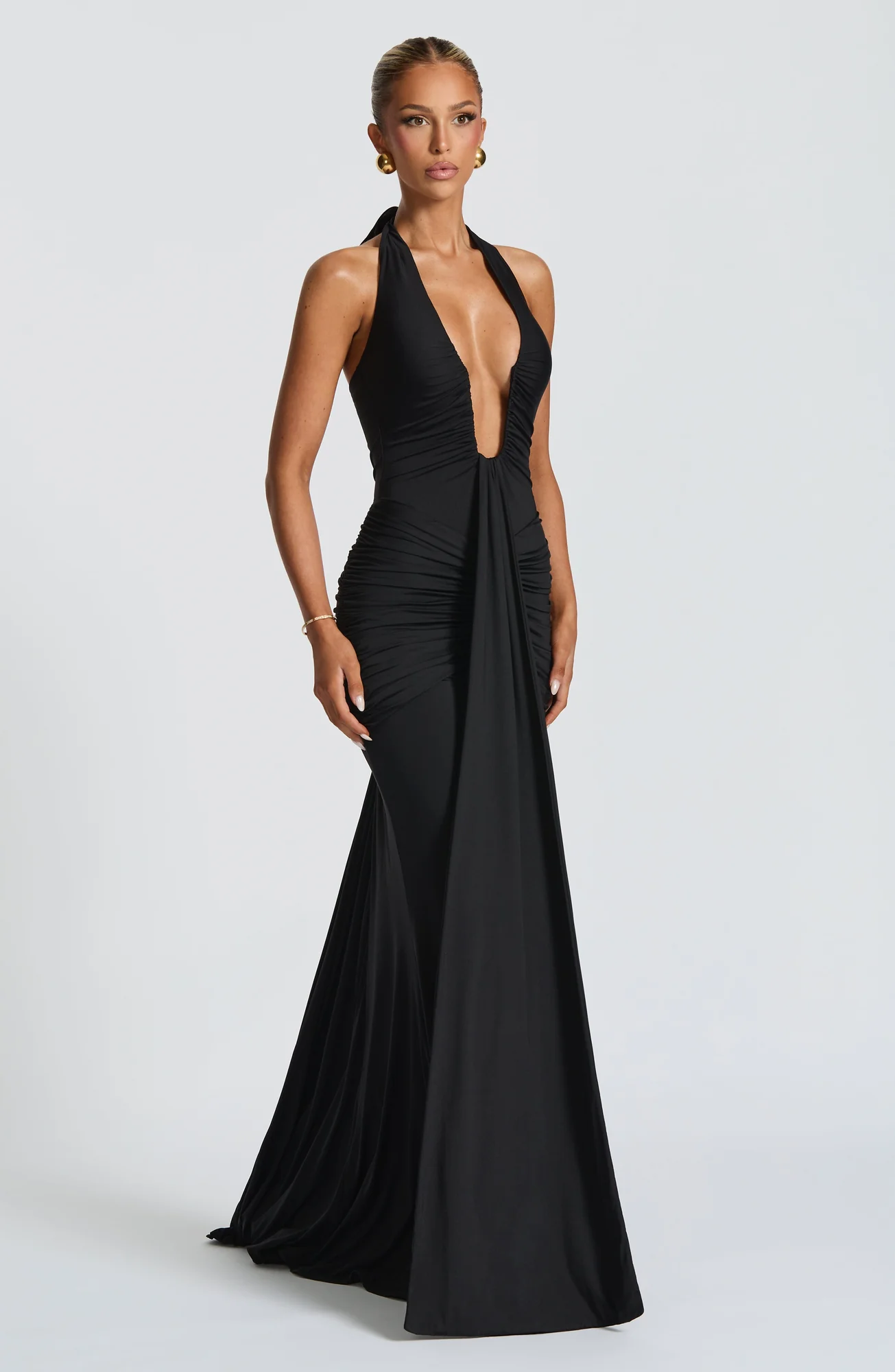 Black Halterneck Jersey Maxi Dress with Dramatic Silhouette