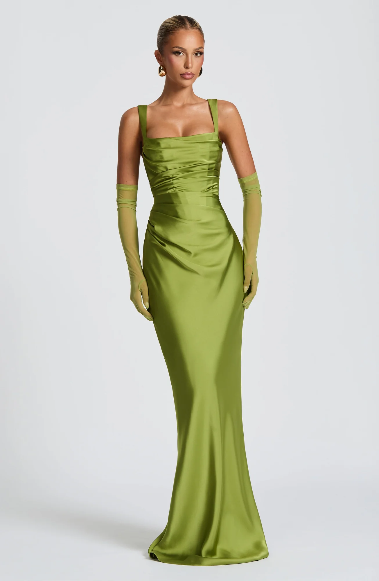 Olive Satin Square Neck Maxi Dress - Elegant & Playful