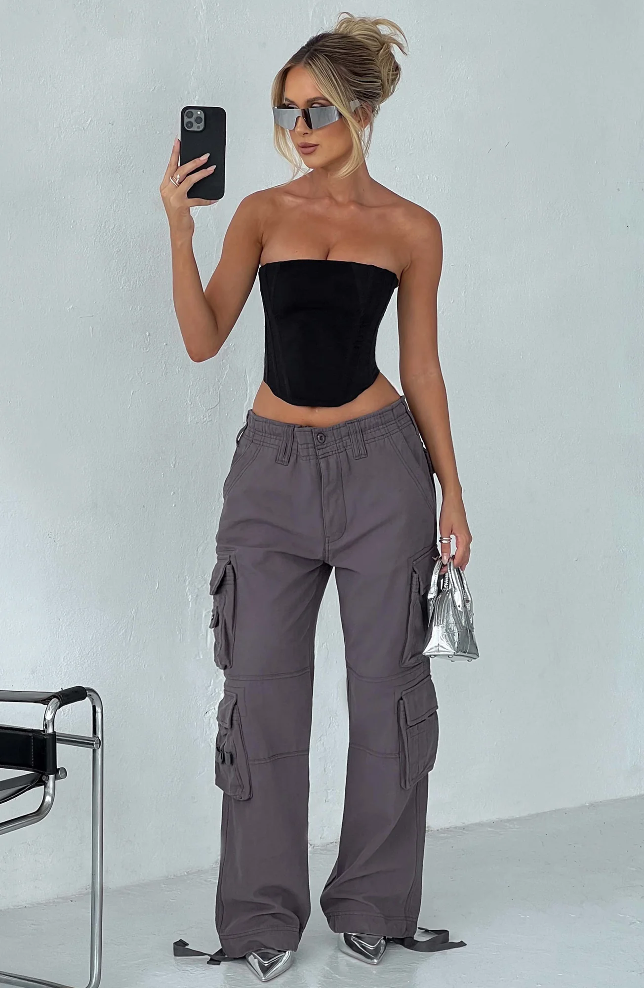 Charcoal Wide Leg Cargo Pants for Women