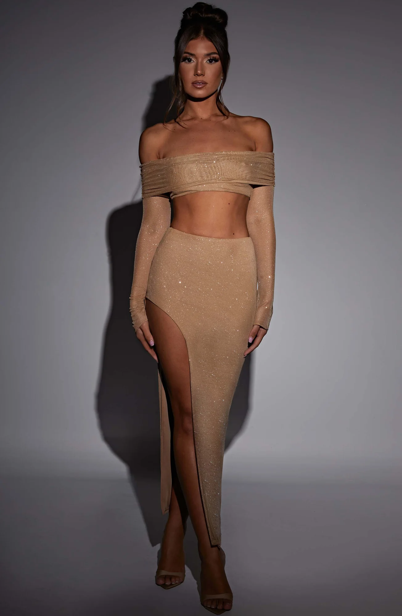 Gold Sparkle High-Waisted Maxi Skirt with Thigh Split