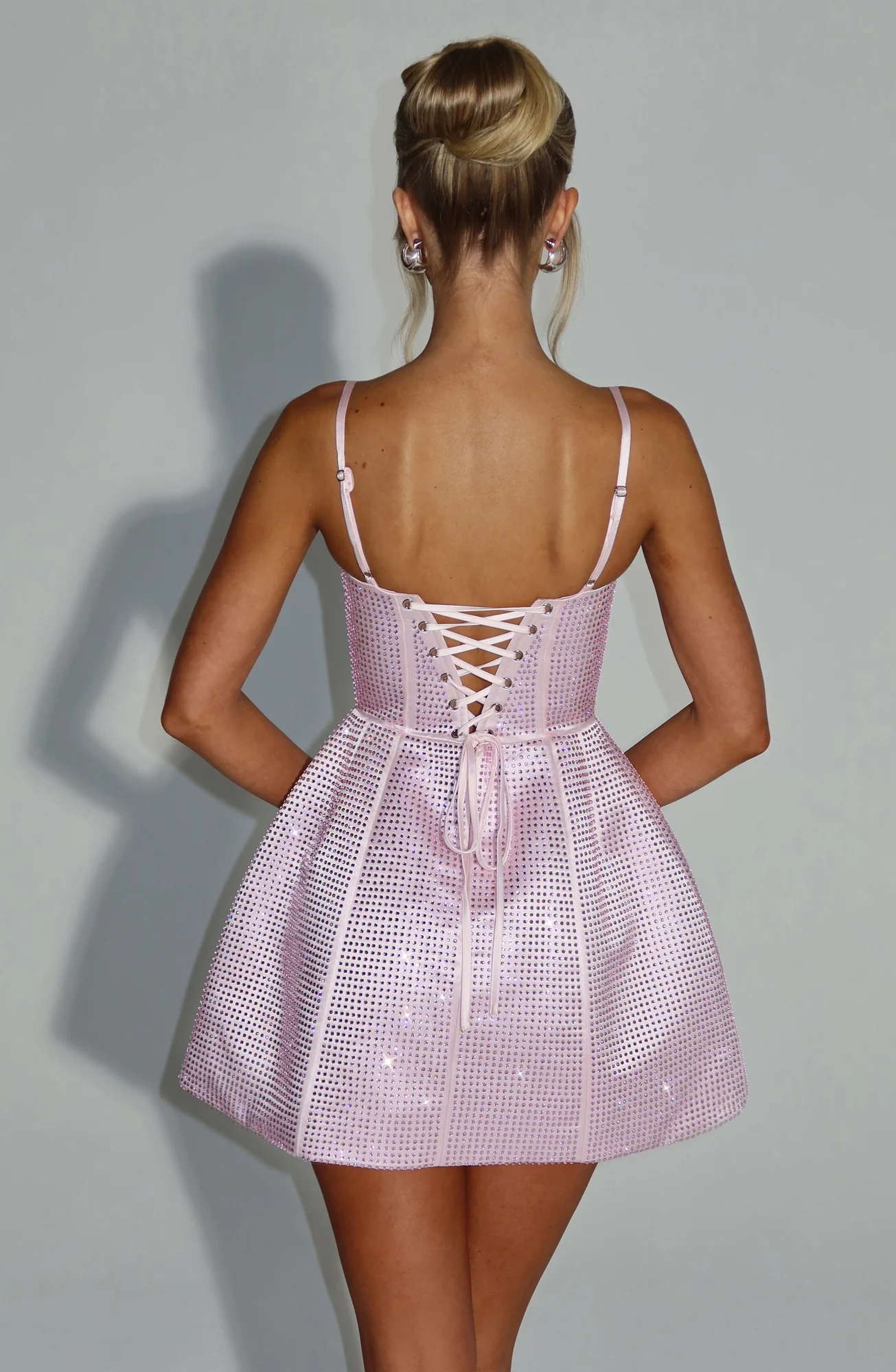 Blush Satin Square Neckline Mini Dress with Hotfix Rhinestones