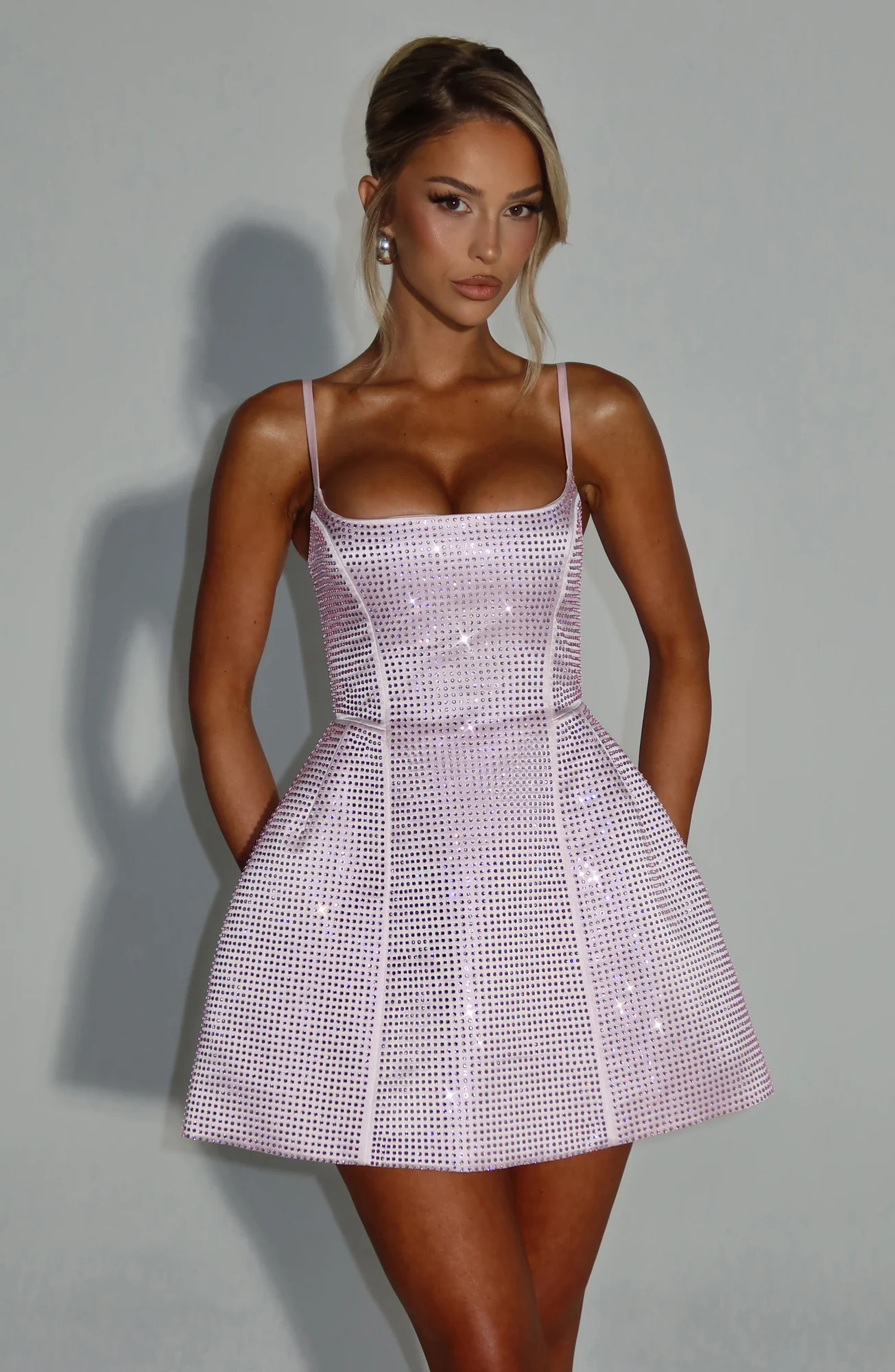 Blush Satin Square Neckline Mini Dress with Hotfix Rhinestones