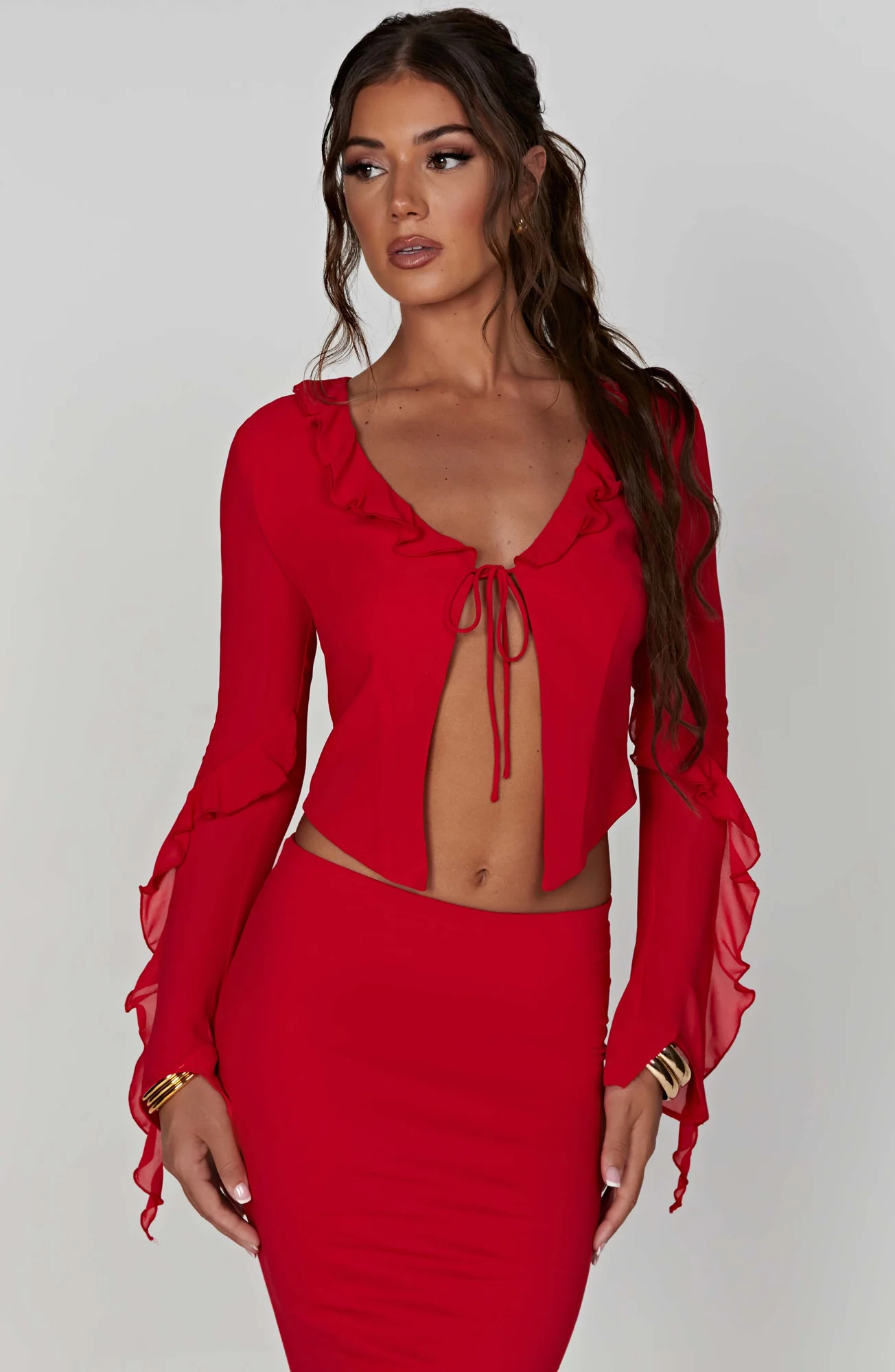 Red Frilled Plunge Neckline Blouse - Dee Top Womens Fashion
