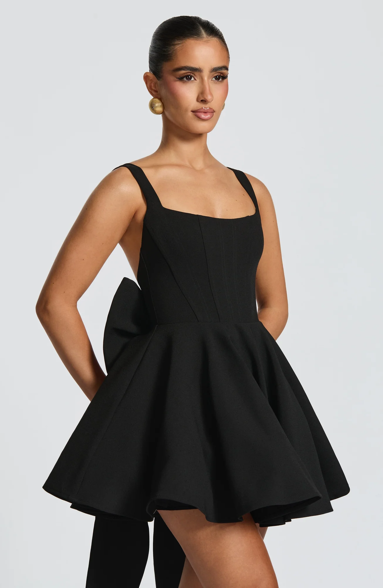 Black Square Neck Mini Dress with Detachable Bow - Elegant Style