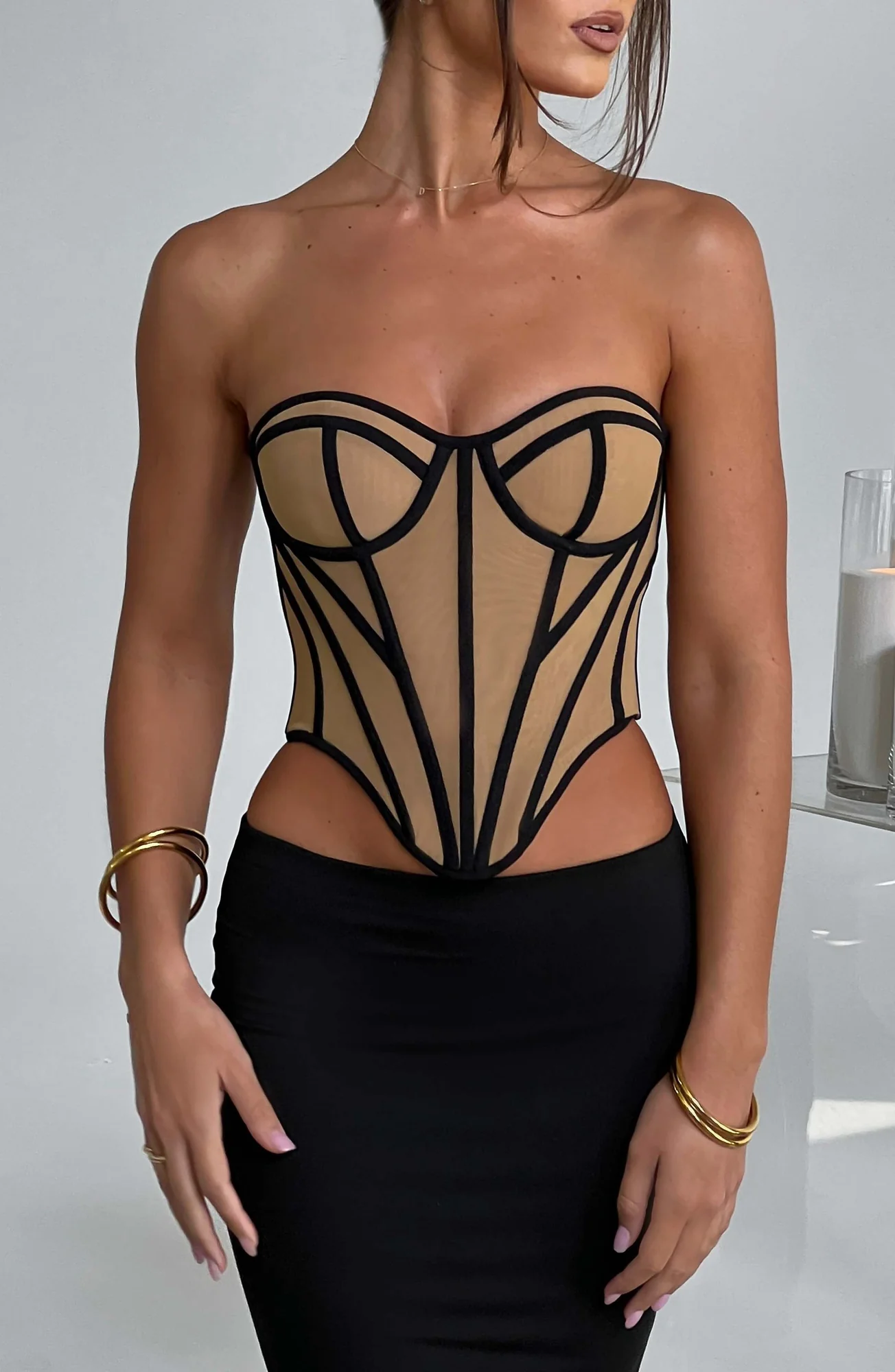 Mesh Corset Top in Black/Nude - Sculpted Waist Santanna