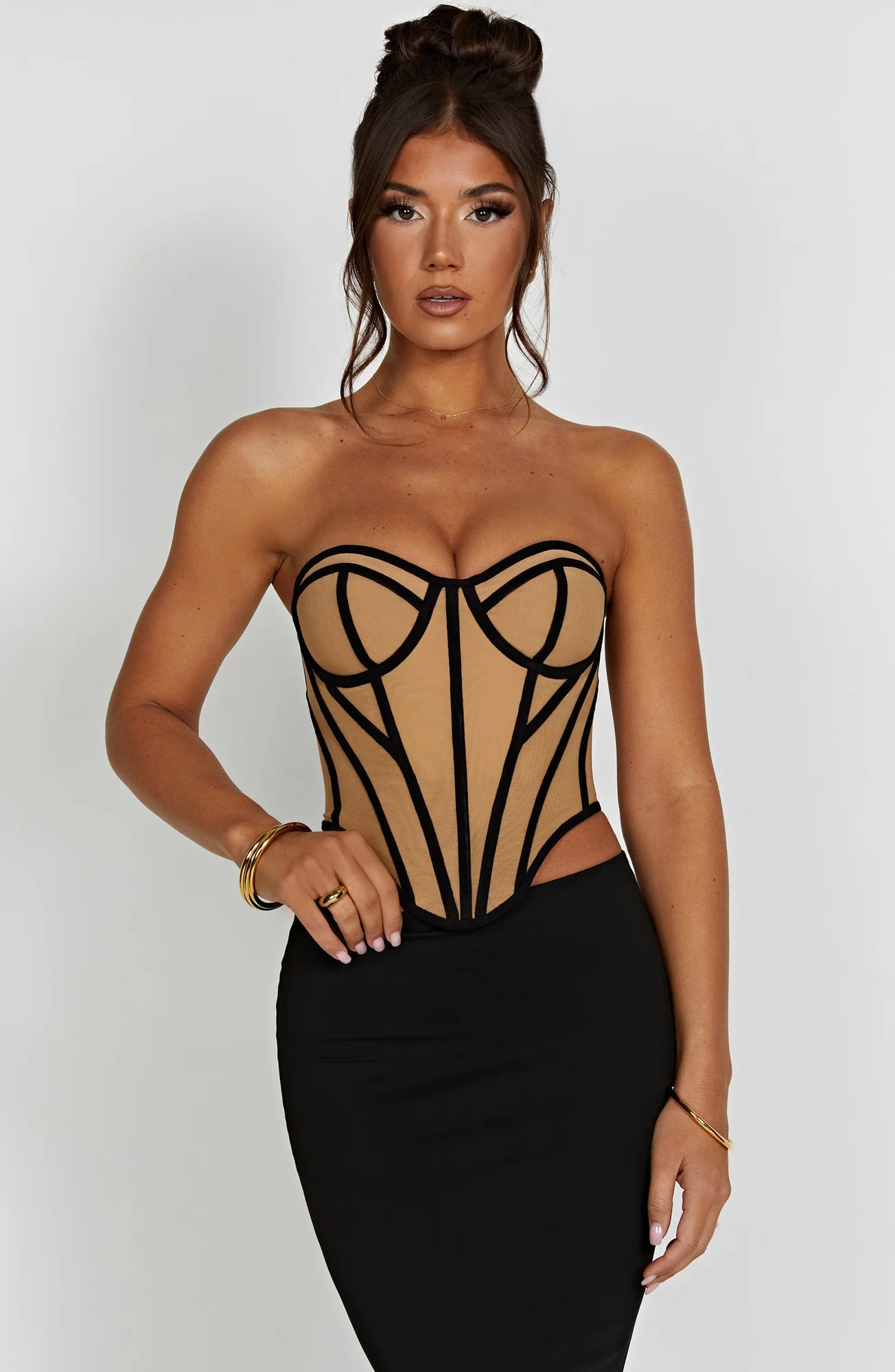 Mesh Corset Top in Black/Nude - Sculpted Waist Santanna