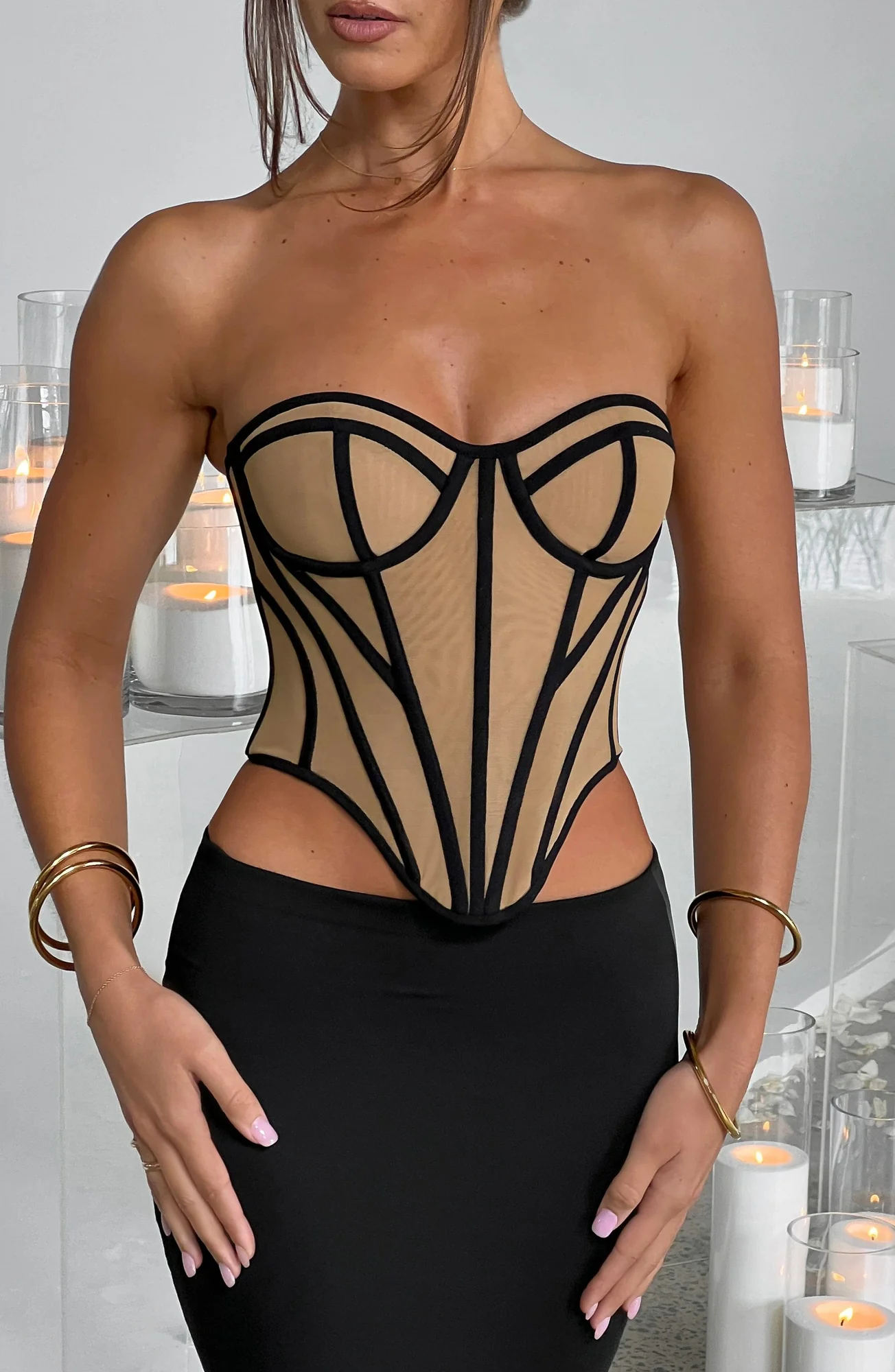 Mesh Corset Top in Black/Nude - Sculpted Waist Santanna
