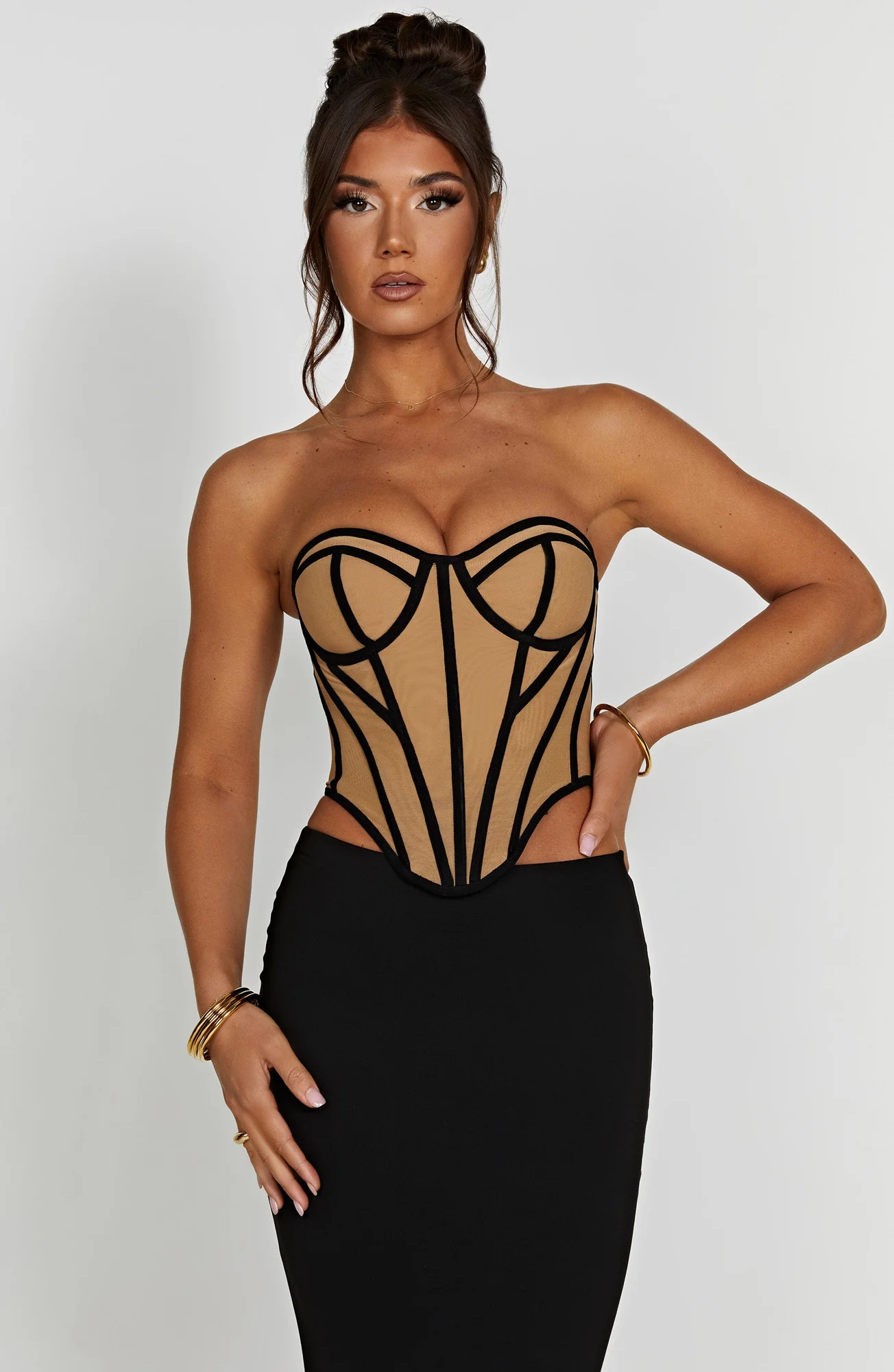 Mesh Corset Top in Black/Nude - Sculpted Waist Santanna