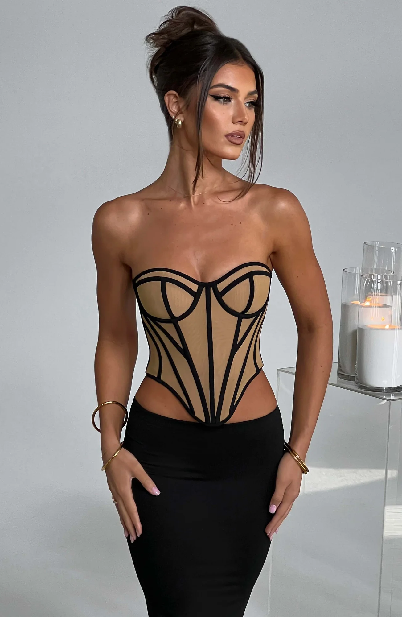 Mesh Corset Top in Black/Nude - Sculpted Waist Santanna