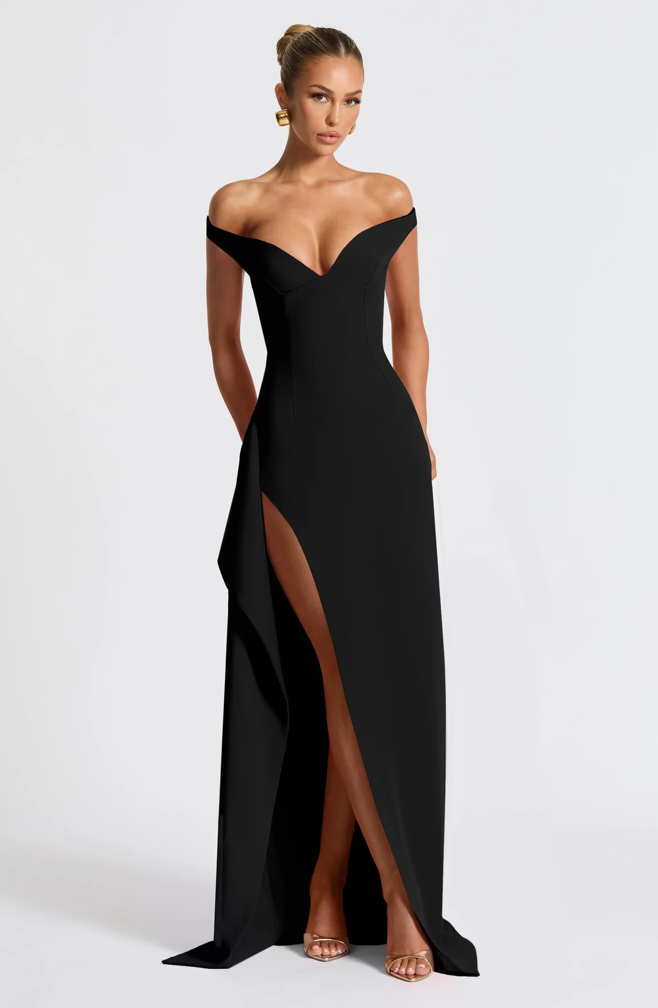 Elegant Black Crepe Maxi Dress with Bardot Neckline