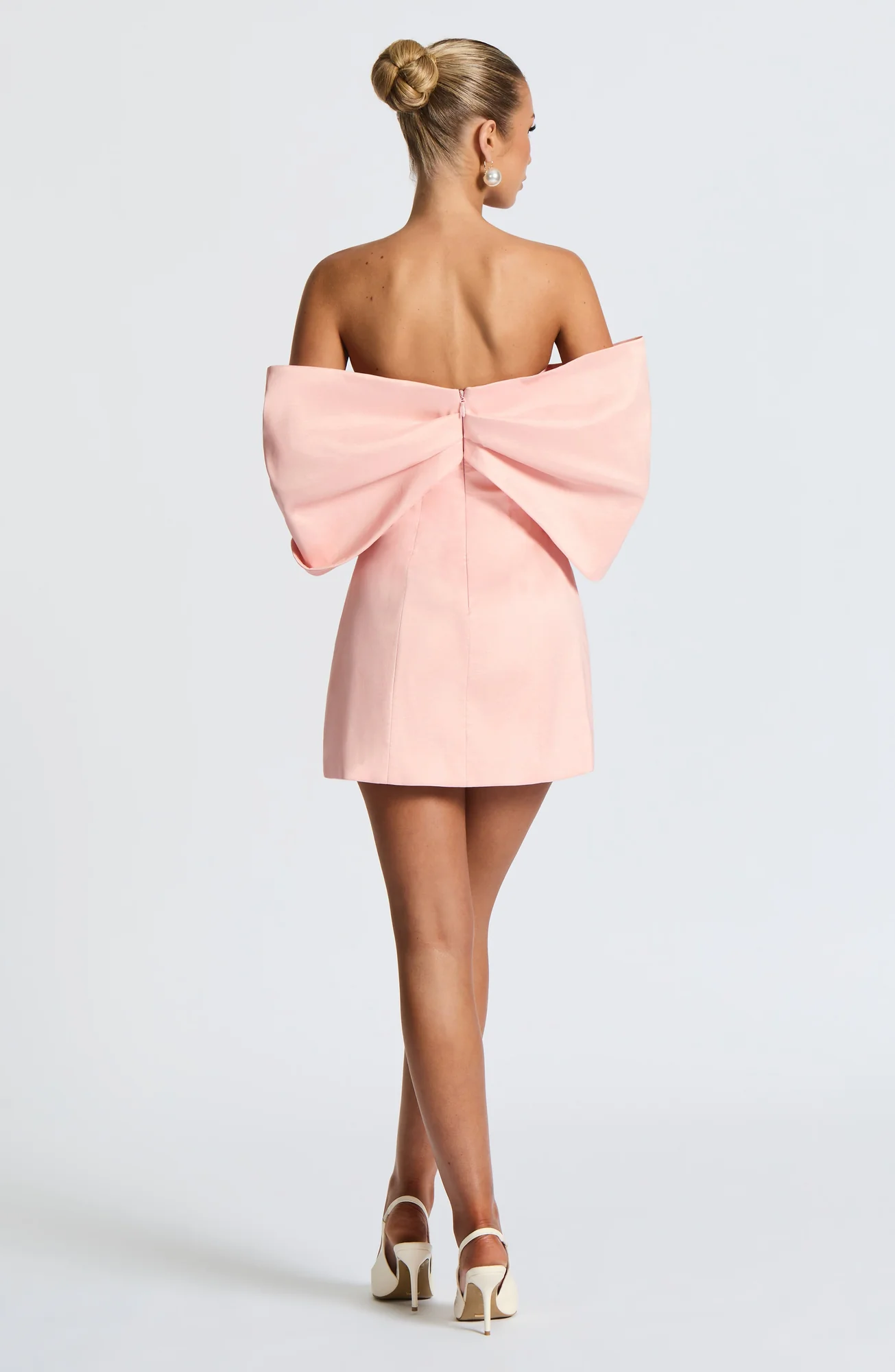 Blush Taffeta Bardot Mini Dress - Elegant A-Line Silhouette