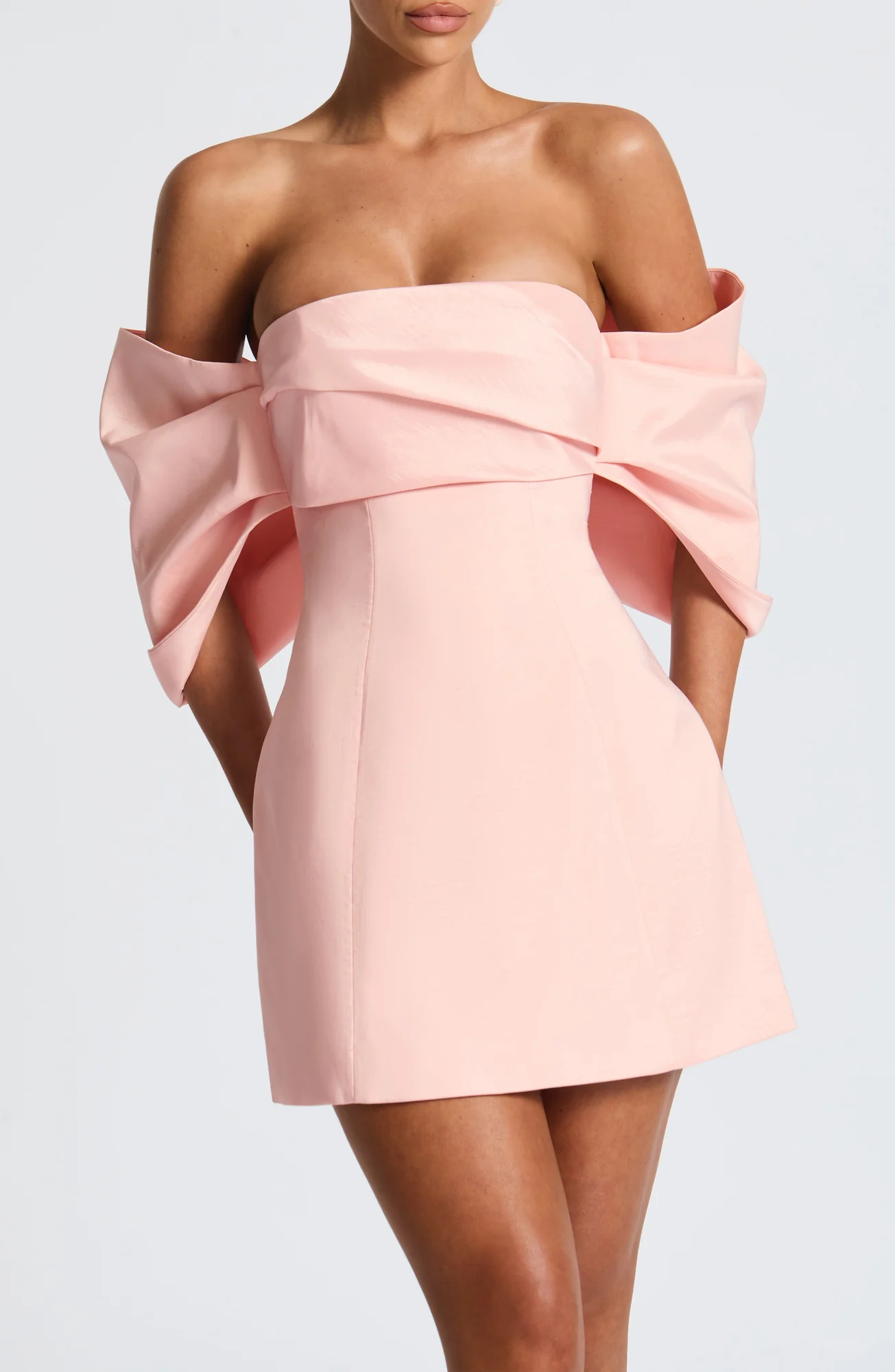 Blush Taffeta Bardot Mini Dress - Elegant A-Line Silhouette