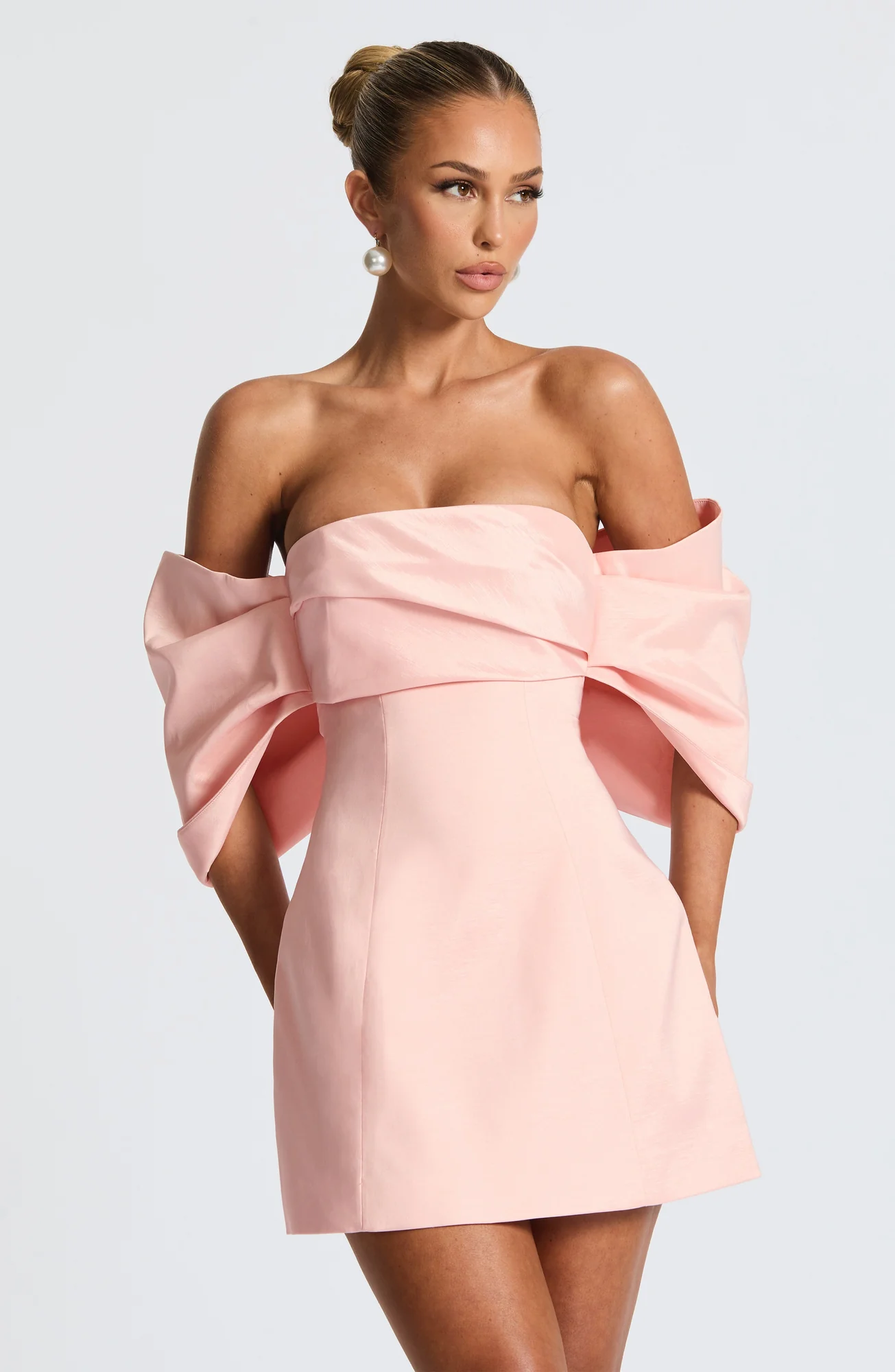 Blush Taffeta Bardot Mini Dress - Elegant A-Line Silhouette