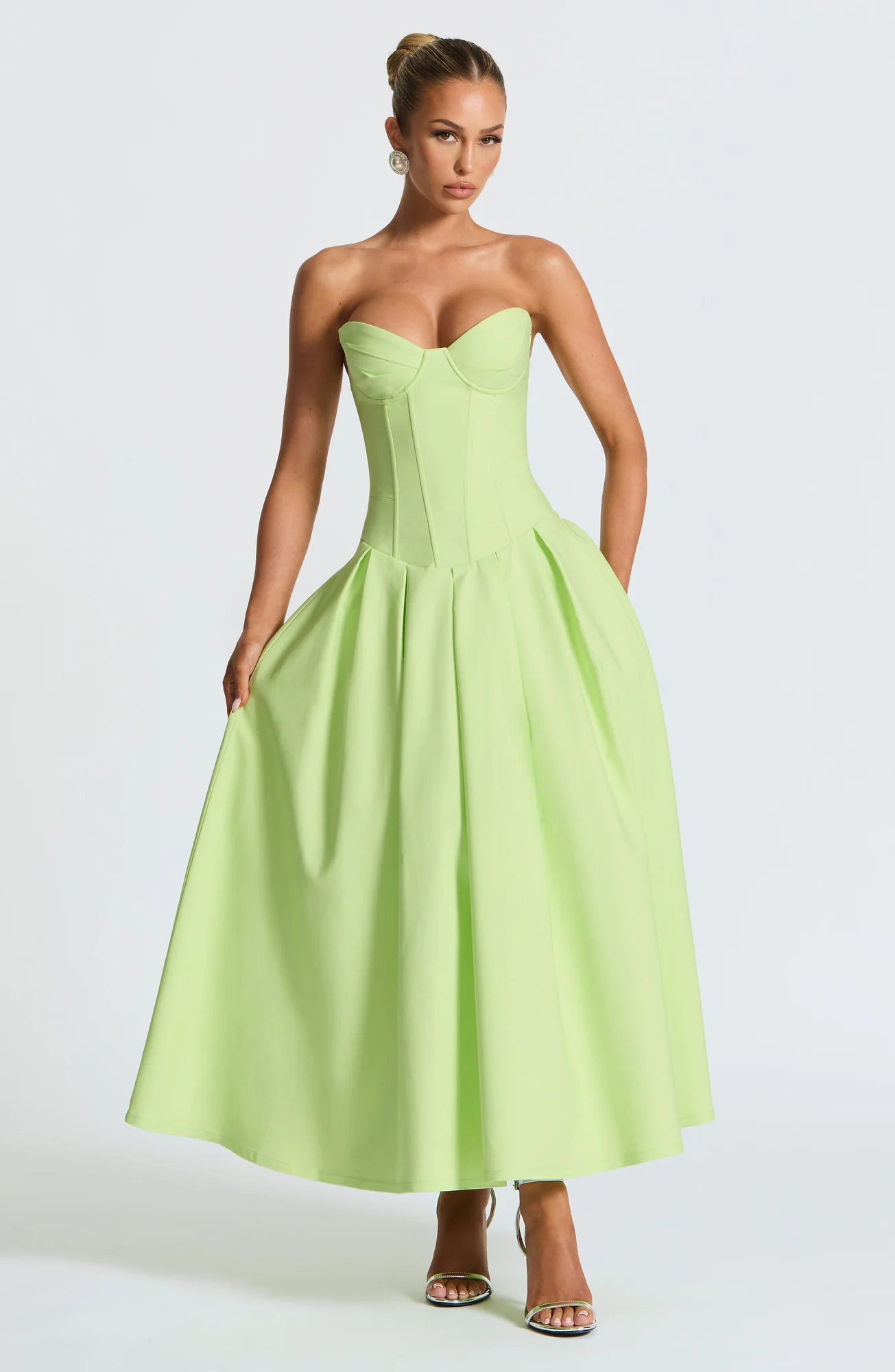 Vibrant Lime Strapless Midi Dress with Lace-up Back