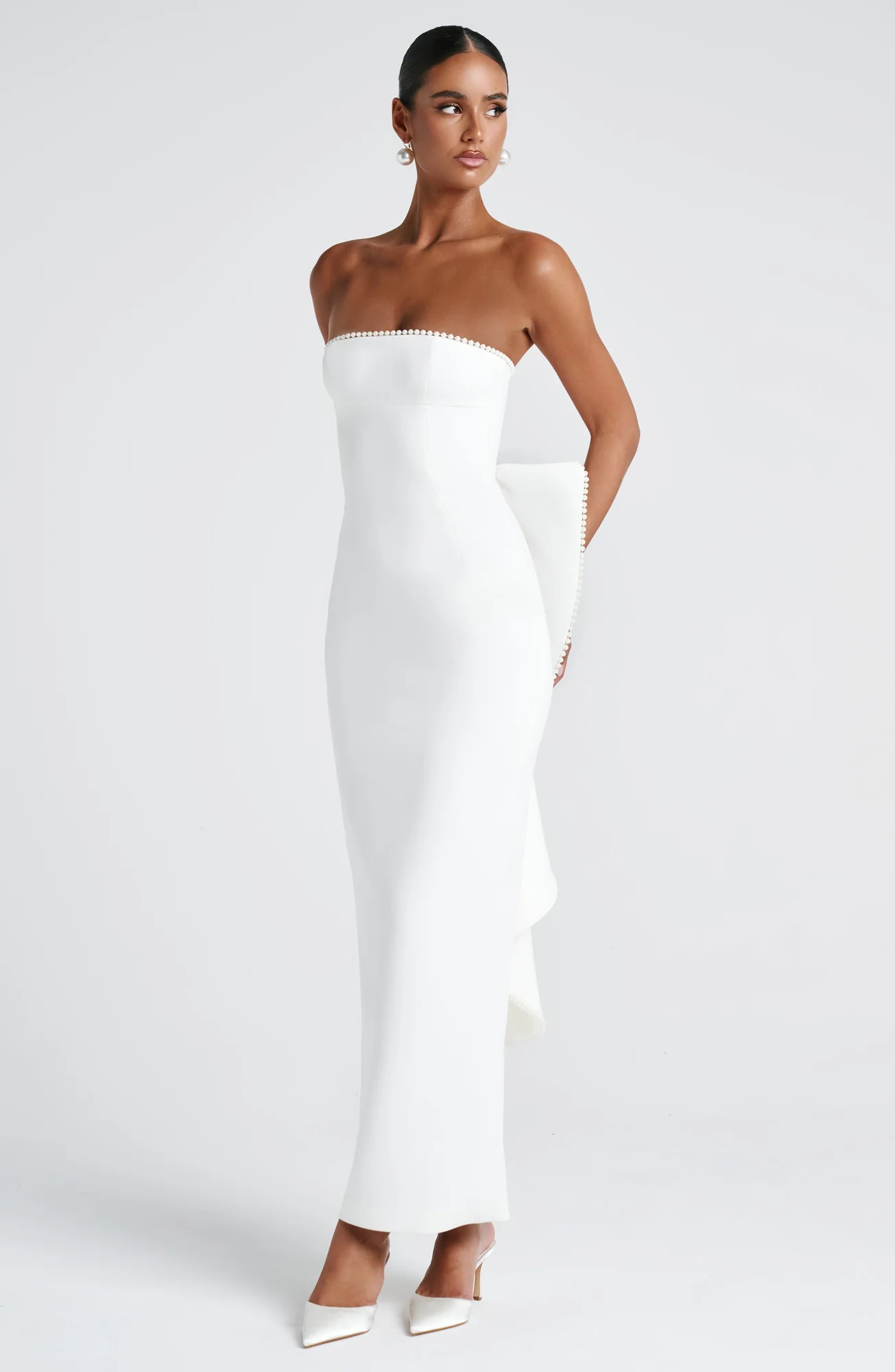 Elegant Ivory Crepe Maxi Dress with Pearl Trim - Strapless