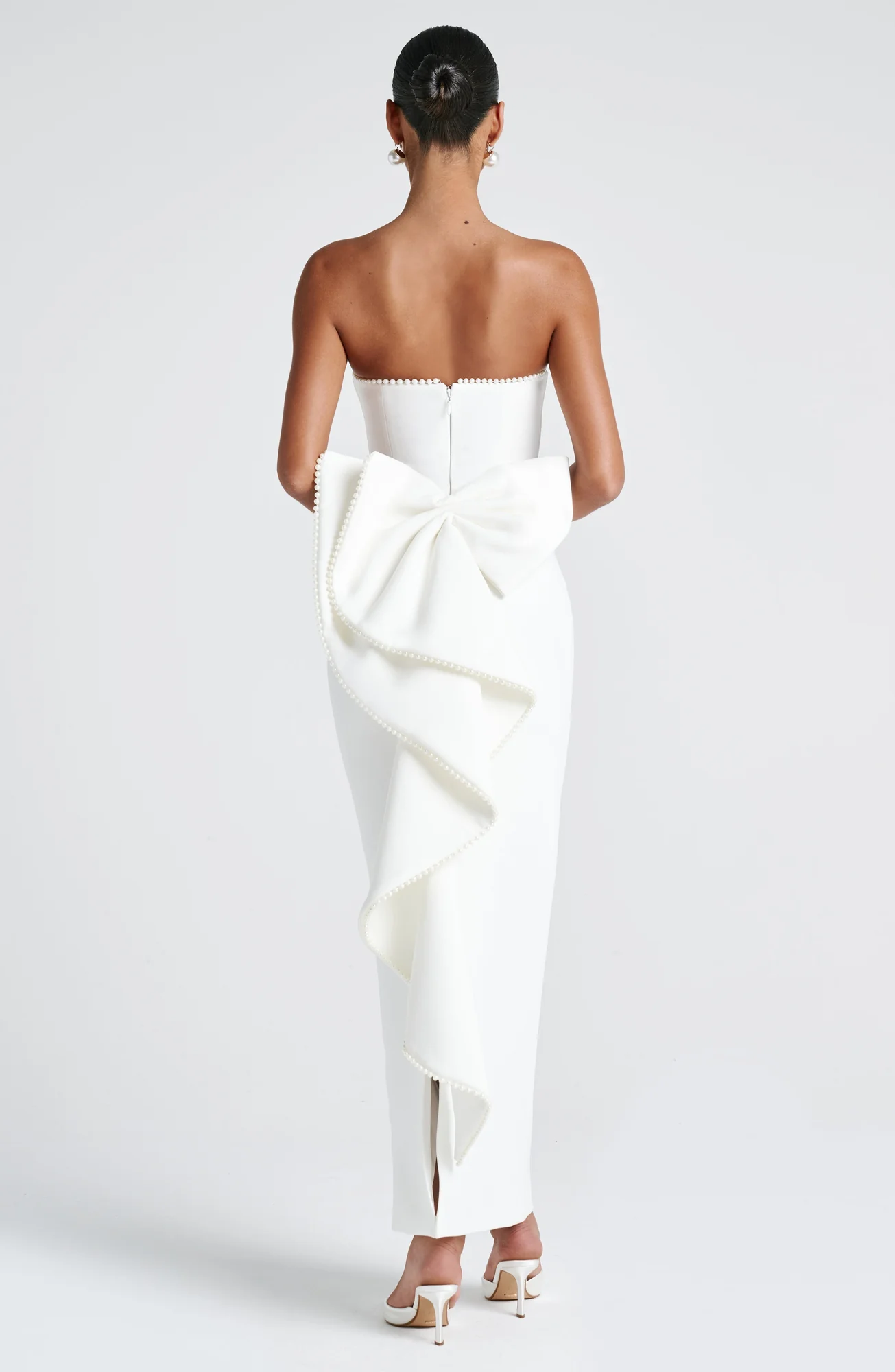 Elegant Ivory Crepe Maxi Dress with Pearl Trim - Strapless