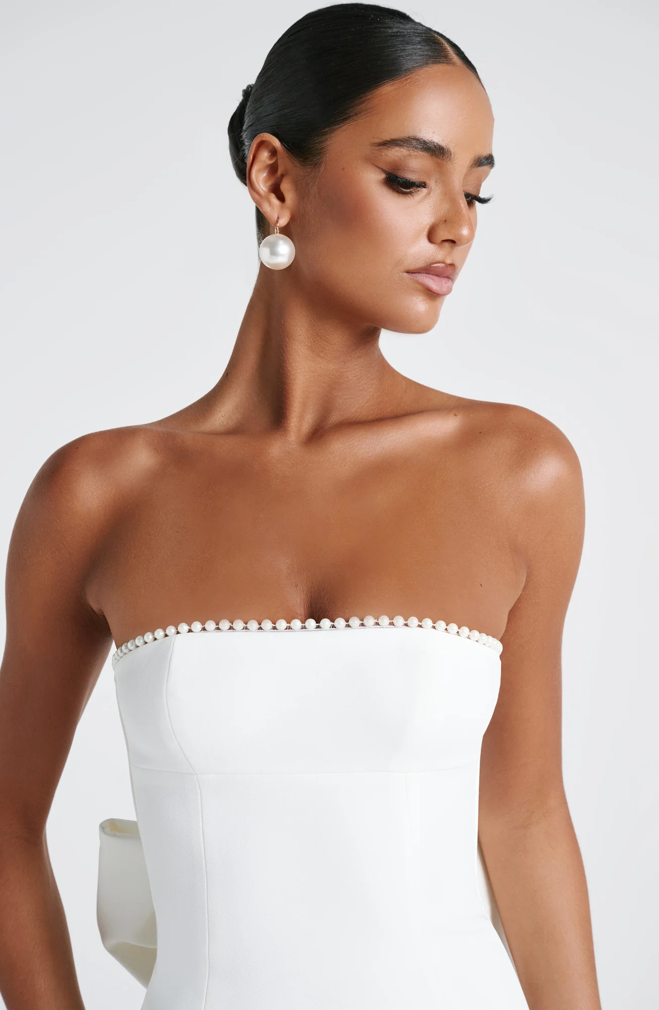 Elegant Ivory Crepe Maxi Dress with Pearl Trim - Strapless