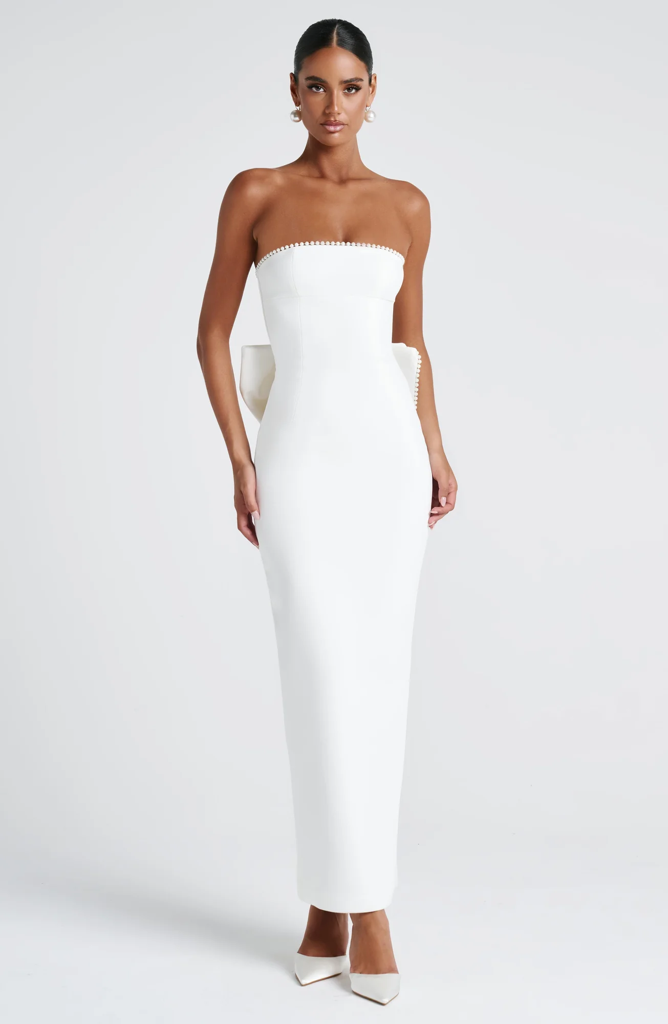 Elegant Ivory Crepe Maxi Dress with Pearl Trim - Strapless
