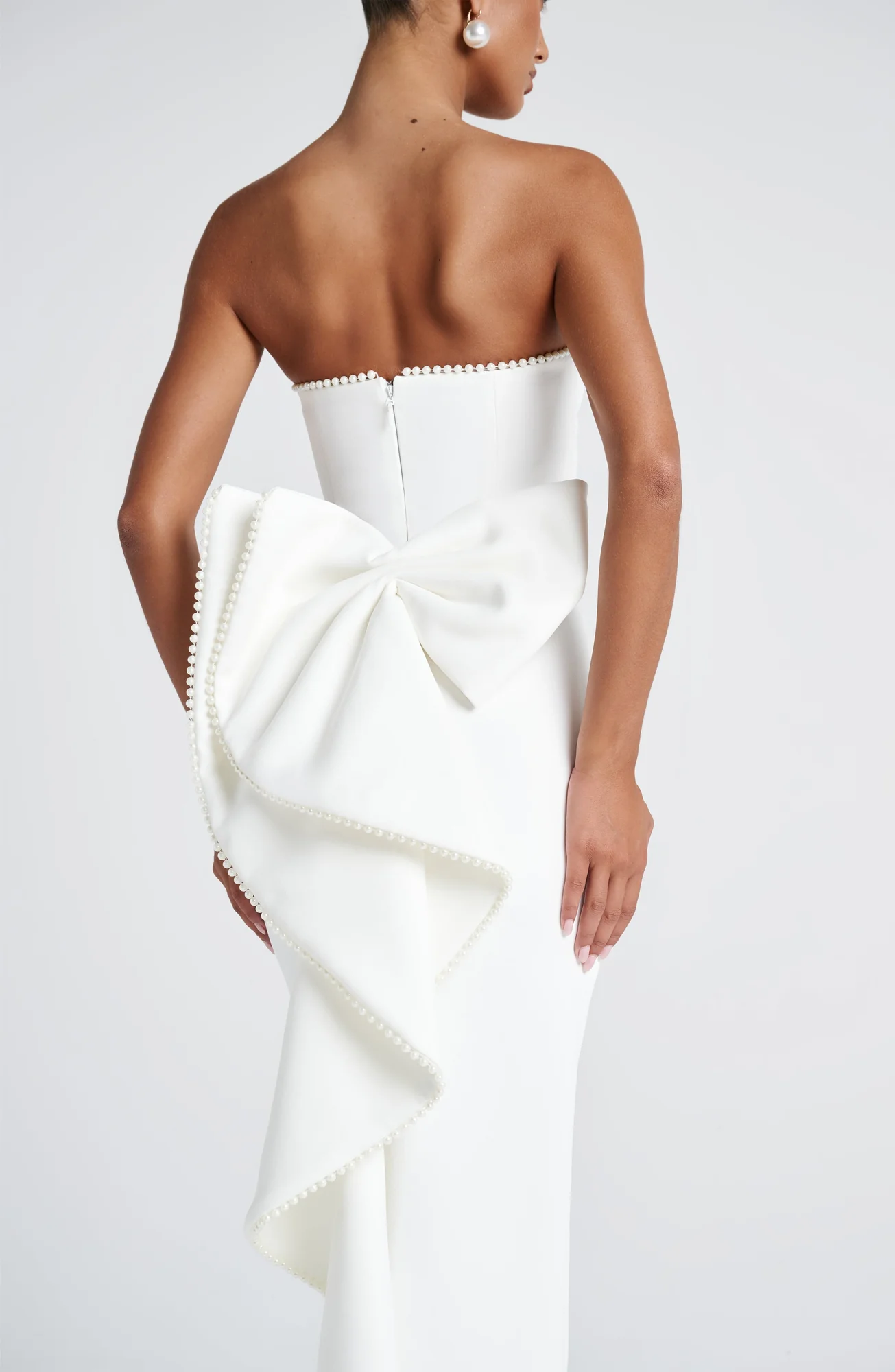 Elegant Ivory Crepe Maxi Dress with Pearl Trim - Strapless