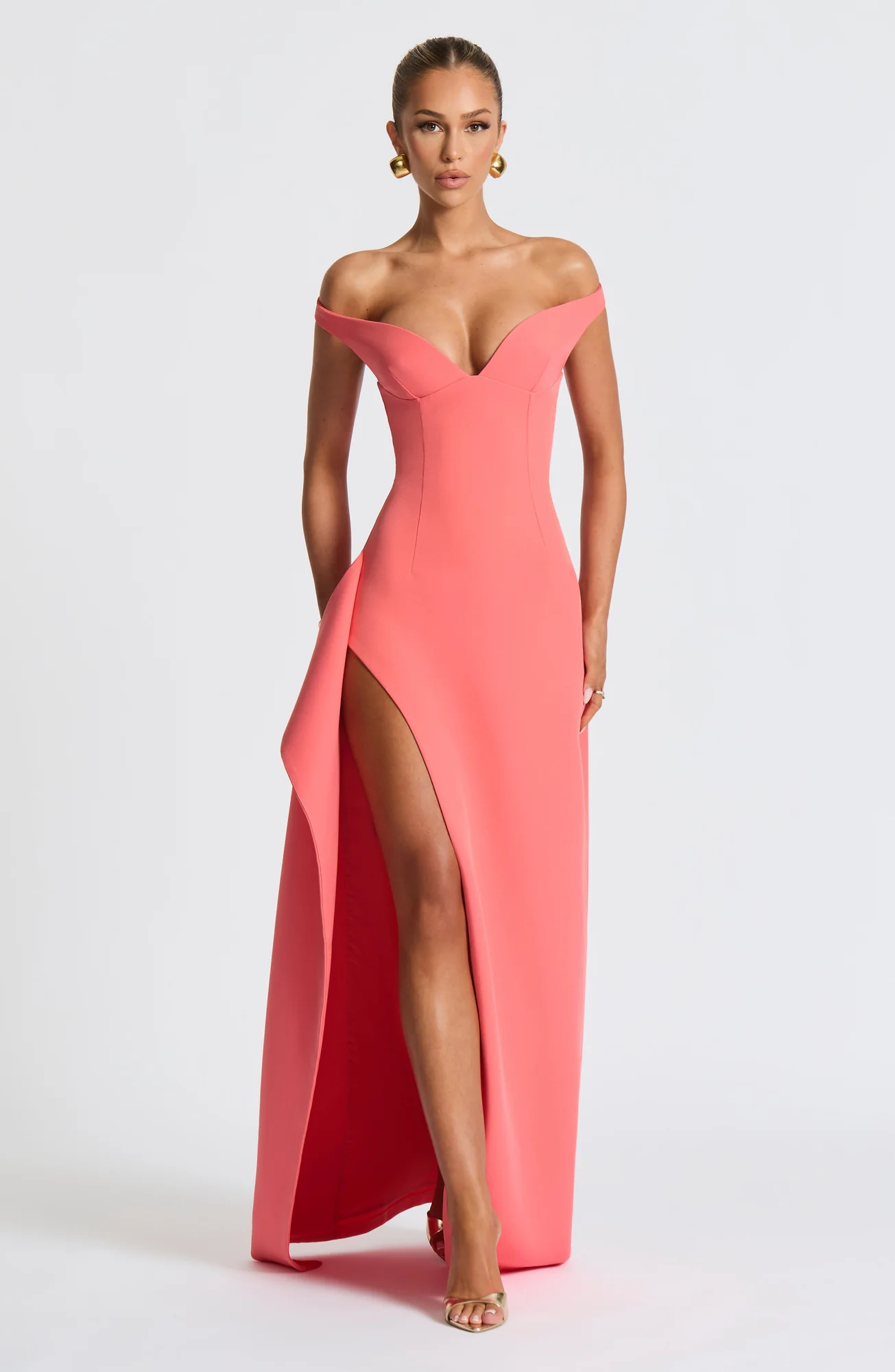 Coral Pink Maxi Dress - Elegant Bardot Neckline