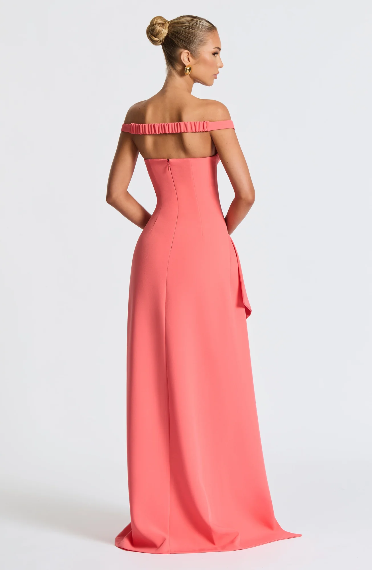 Coral Pink Maxi Dress - Elegant Bardot Neckline
