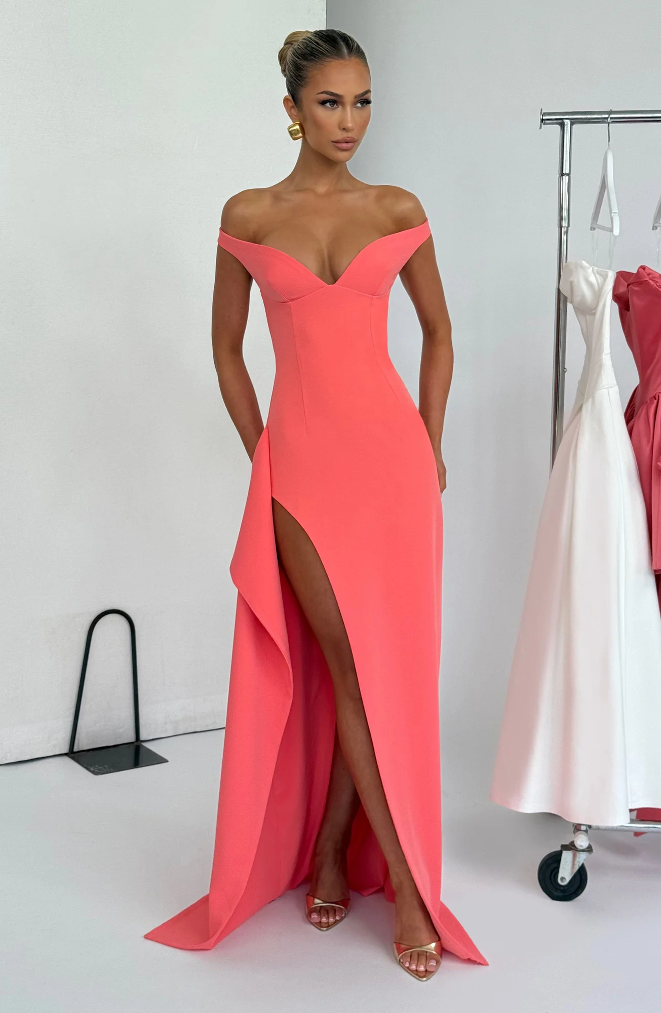 Coral Pink Maxi Dress - Elegant Bardot Neckline