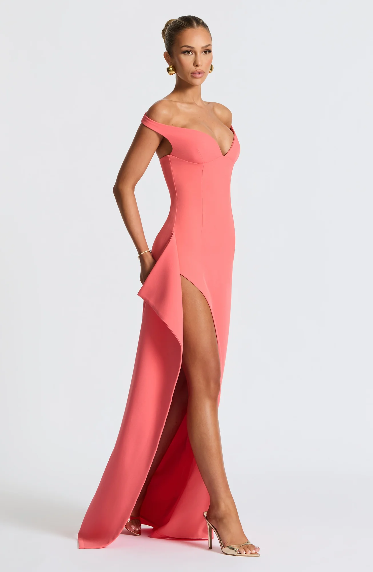 Coral Pink Maxi Dress - Elegant Bardot Neckline