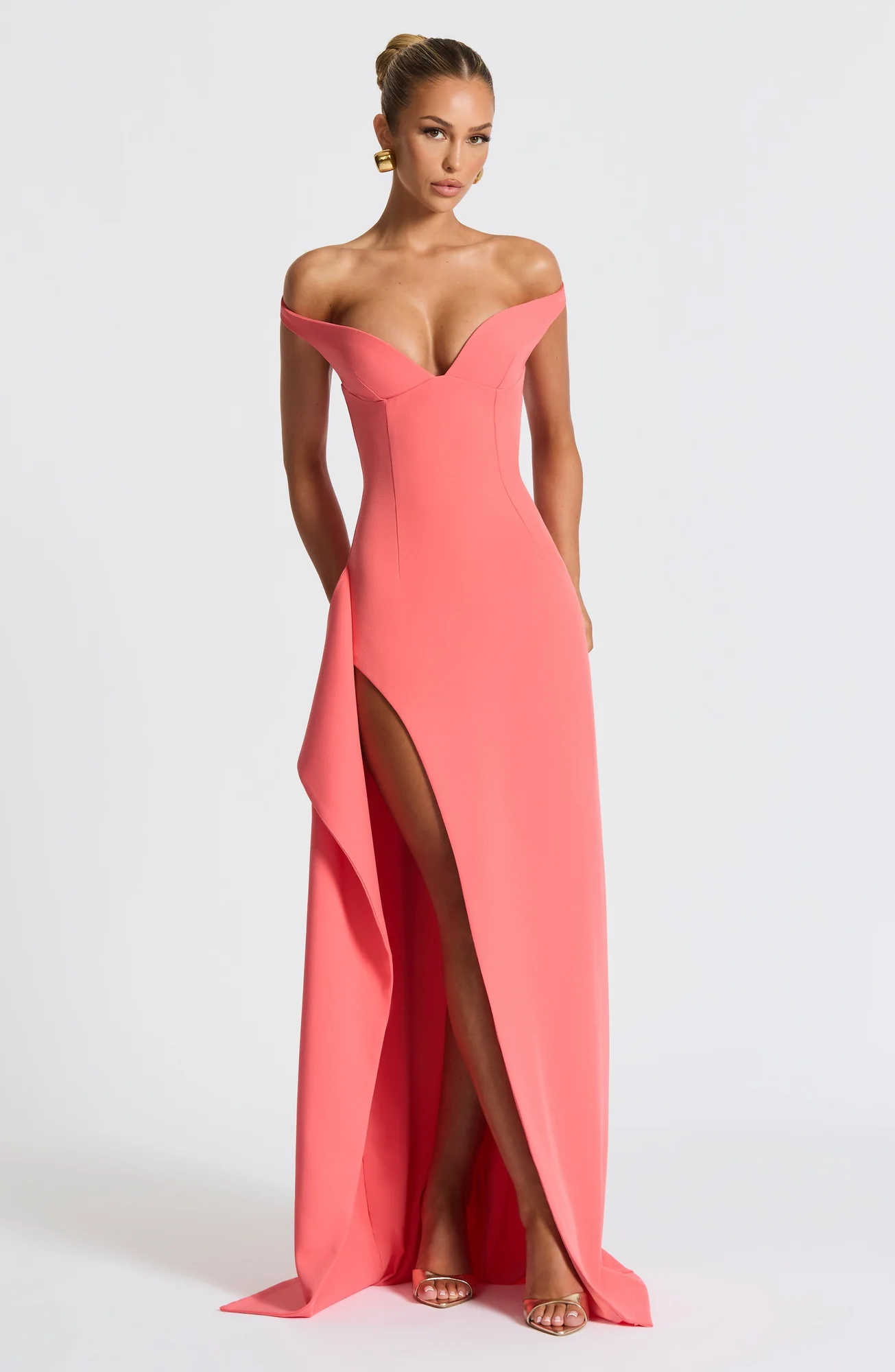 Coral Pink Maxi Dress - Elegant Bardot Neckline