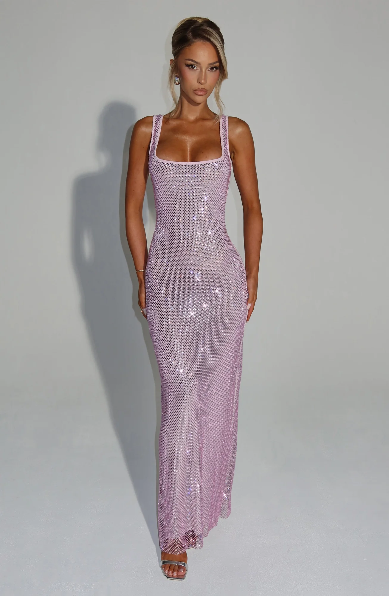Pink Stretch Net Maxi Dress with Rhinestone Embellishments