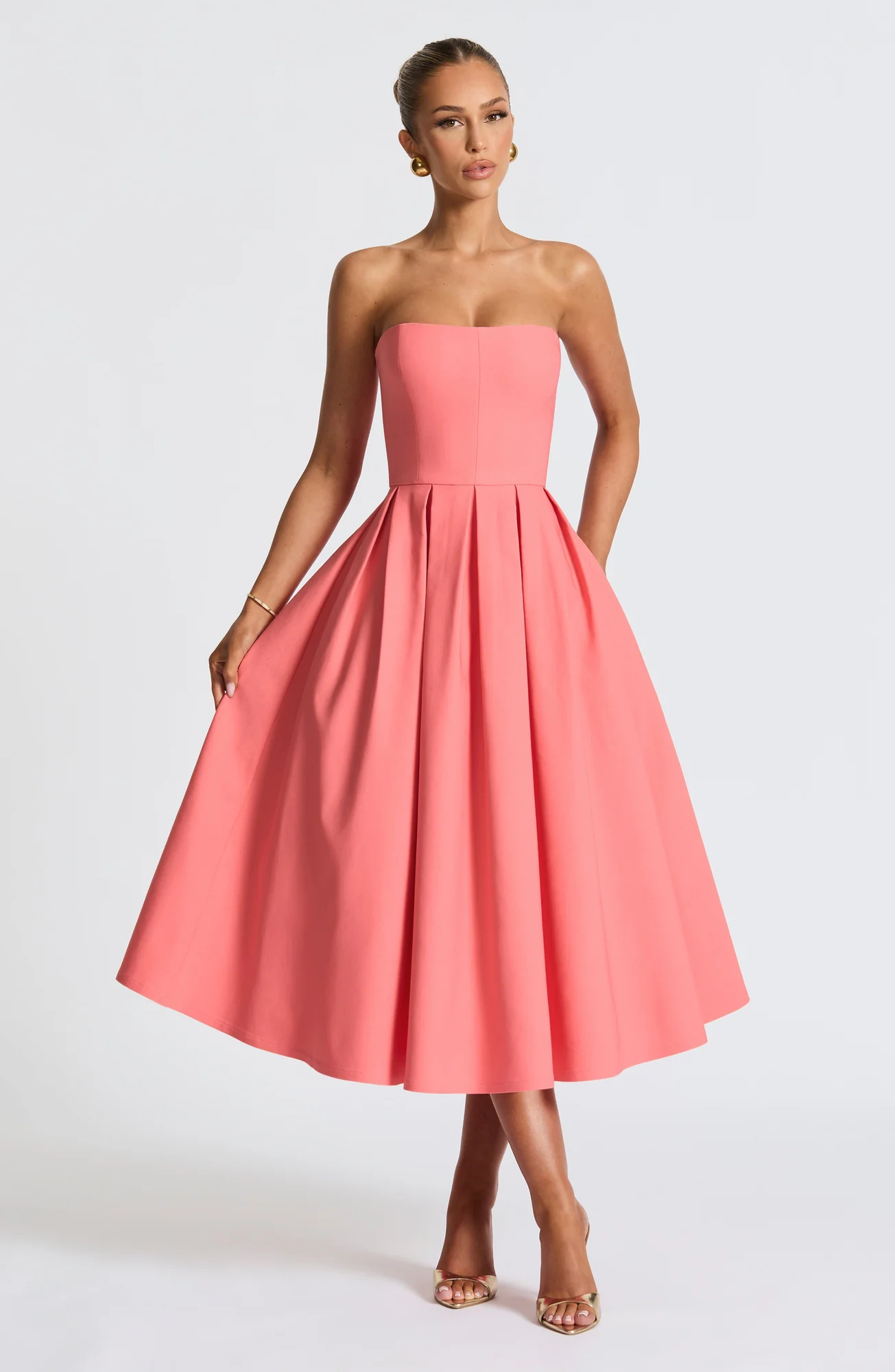 Coral Pink Strapless Midi Dress with Inverted Box Pleats