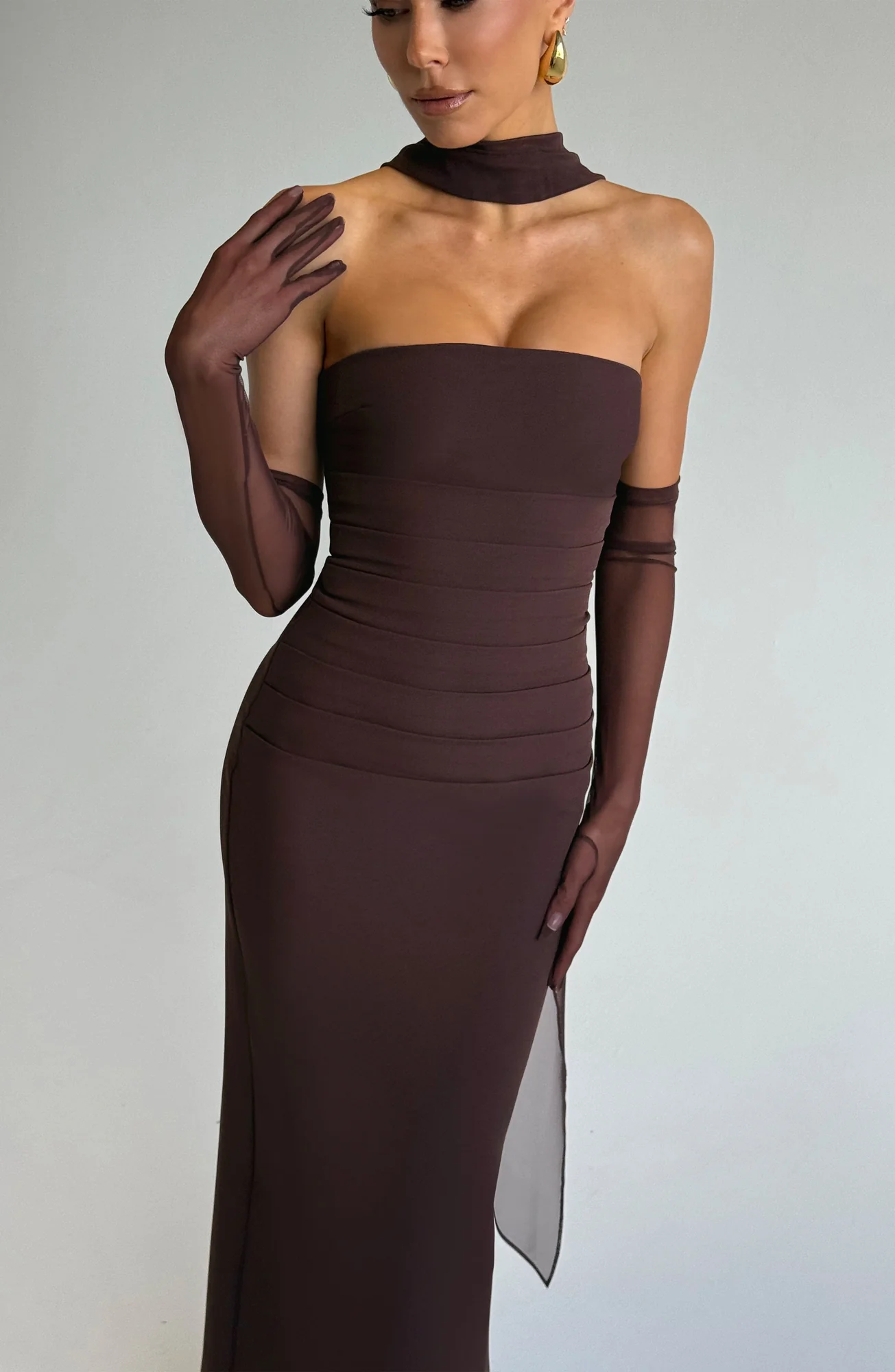 Plum Brown Strapless Maxi Dress with Mesh Halter Strap