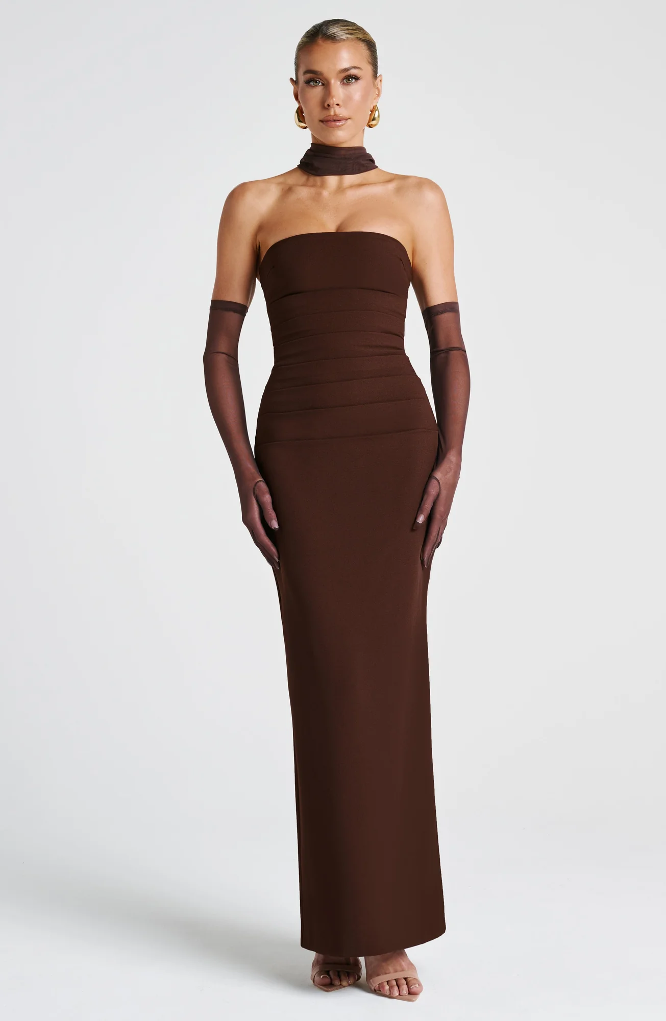 Plum Brown Strapless Maxi Dress with Mesh Halter Strap