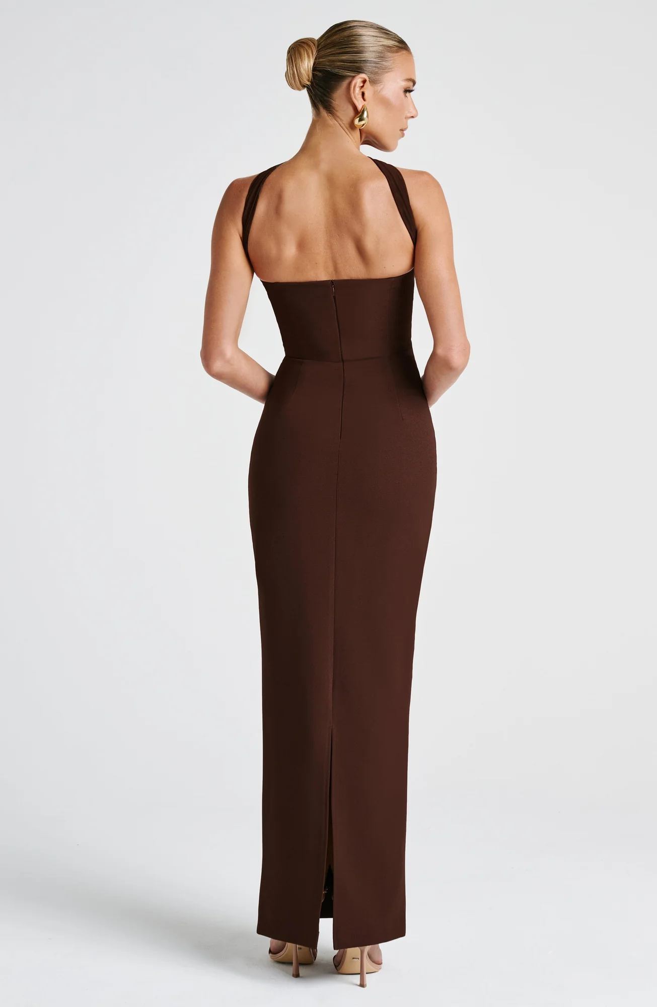 Plum Brown Strapless Maxi Dress with Mesh Halter Strap