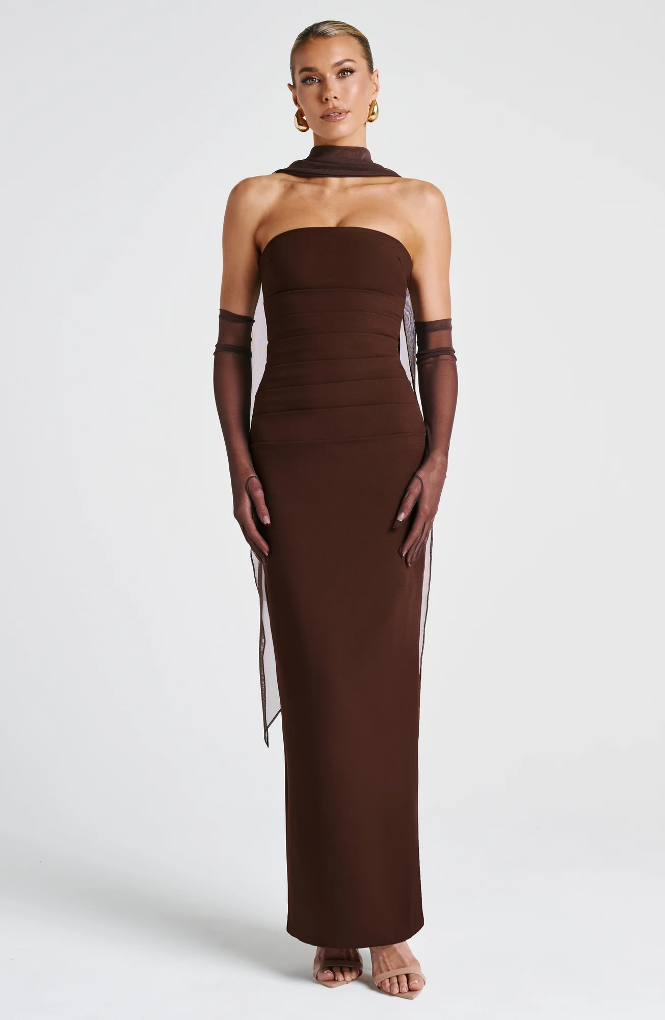 Plum Brown Strapless Maxi Dress with Mesh Halter Strap