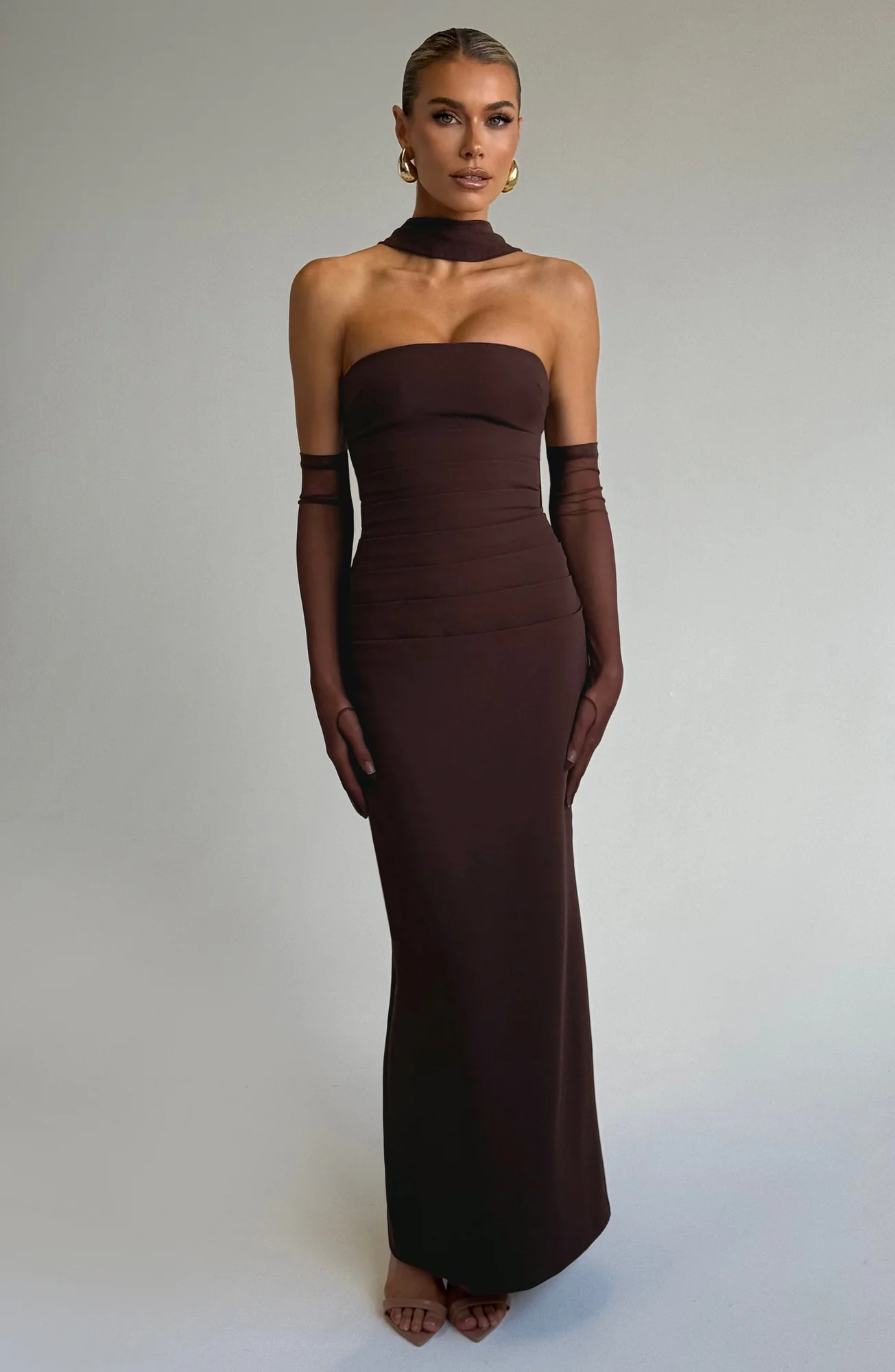 Plum Brown Strapless Maxi Dress with Mesh Halter Strap