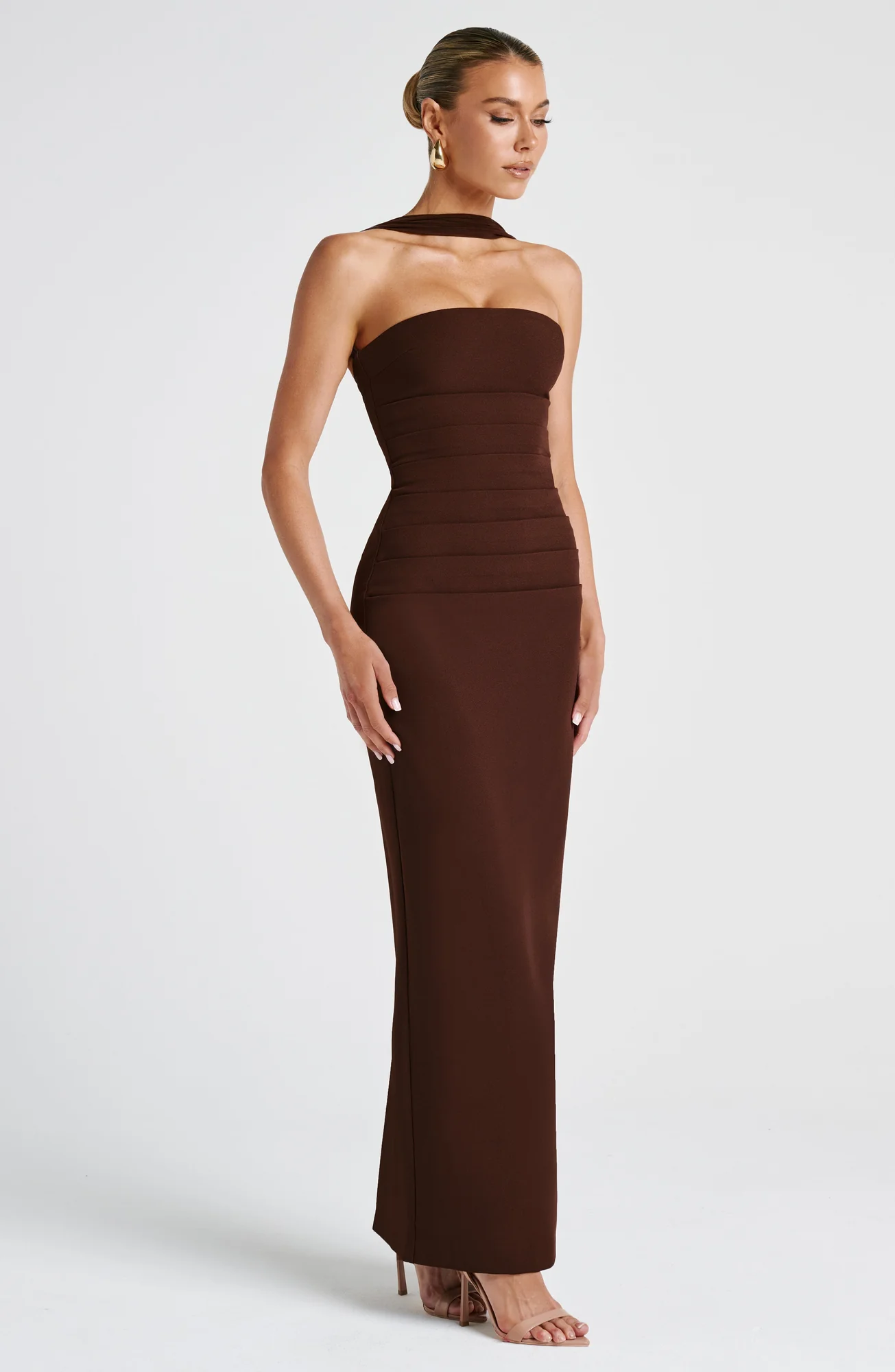 Plum Brown Strapless Maxi Dress with Mesh Halter Strap