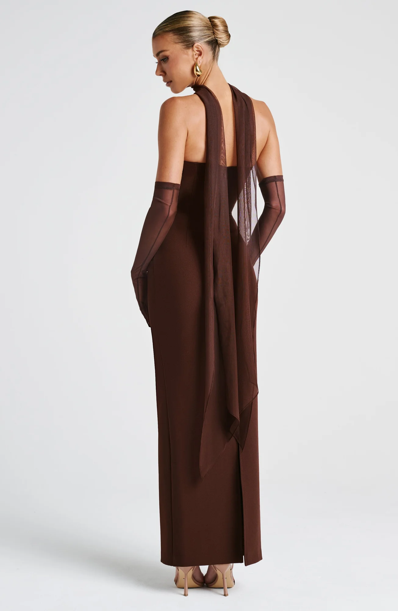 Plum Brown Strapless Maxi Dress with Mesh Halter Strap