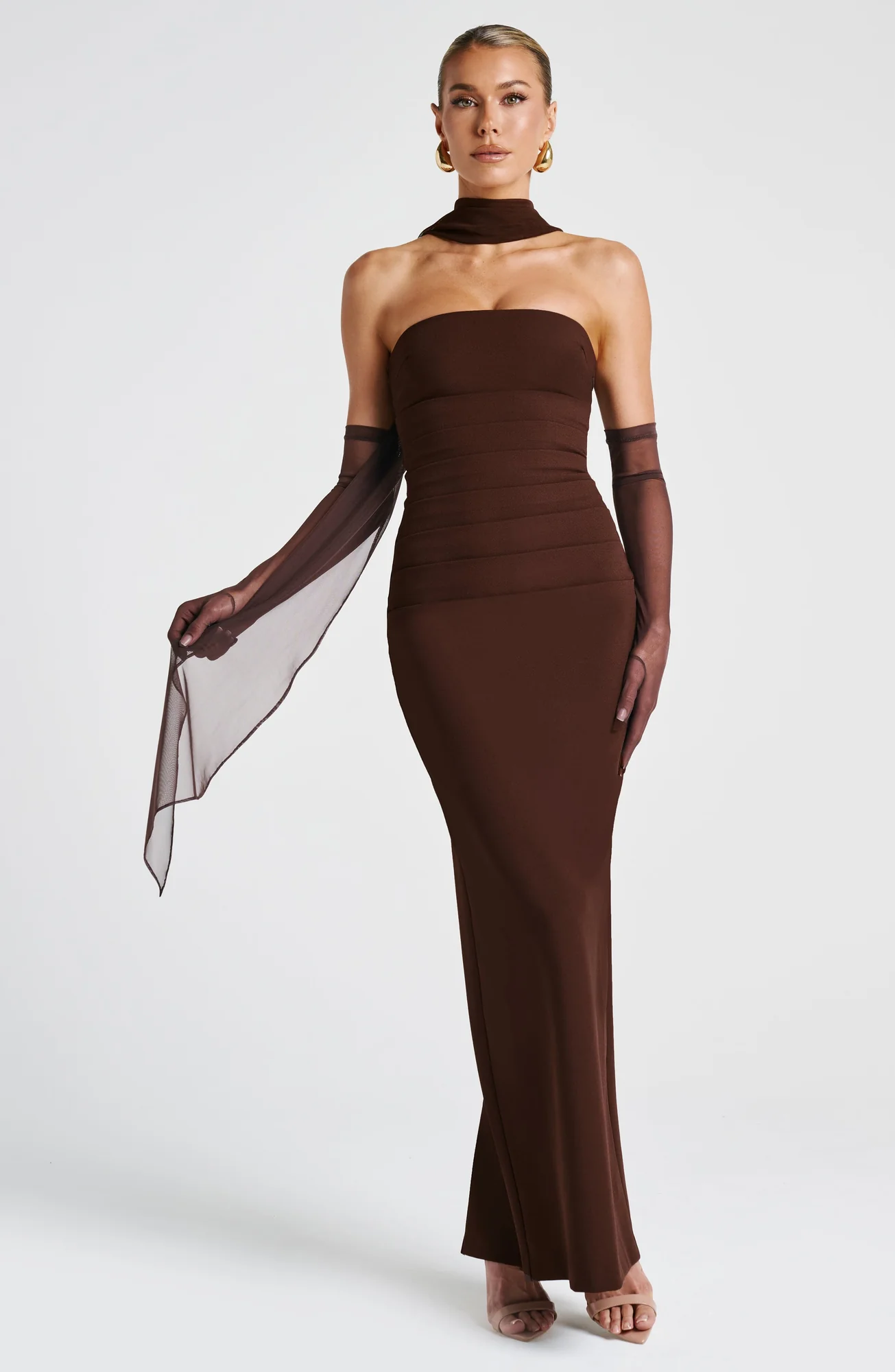 Plum Brown Strapless Maxi Dress with Mesh Halter Strap