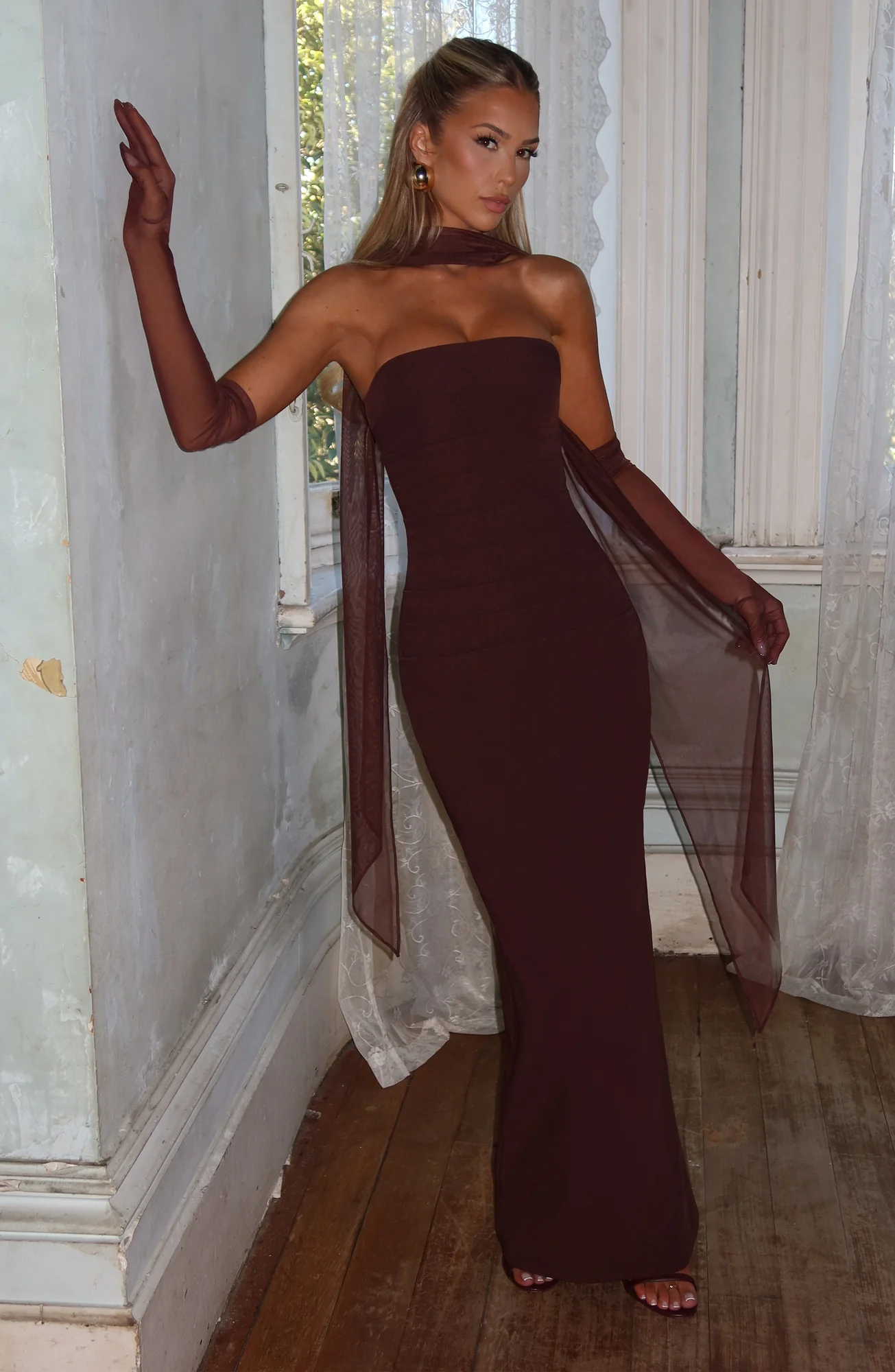 Plum Brown Strapless Maxi Dress with Mesh Halter Strap