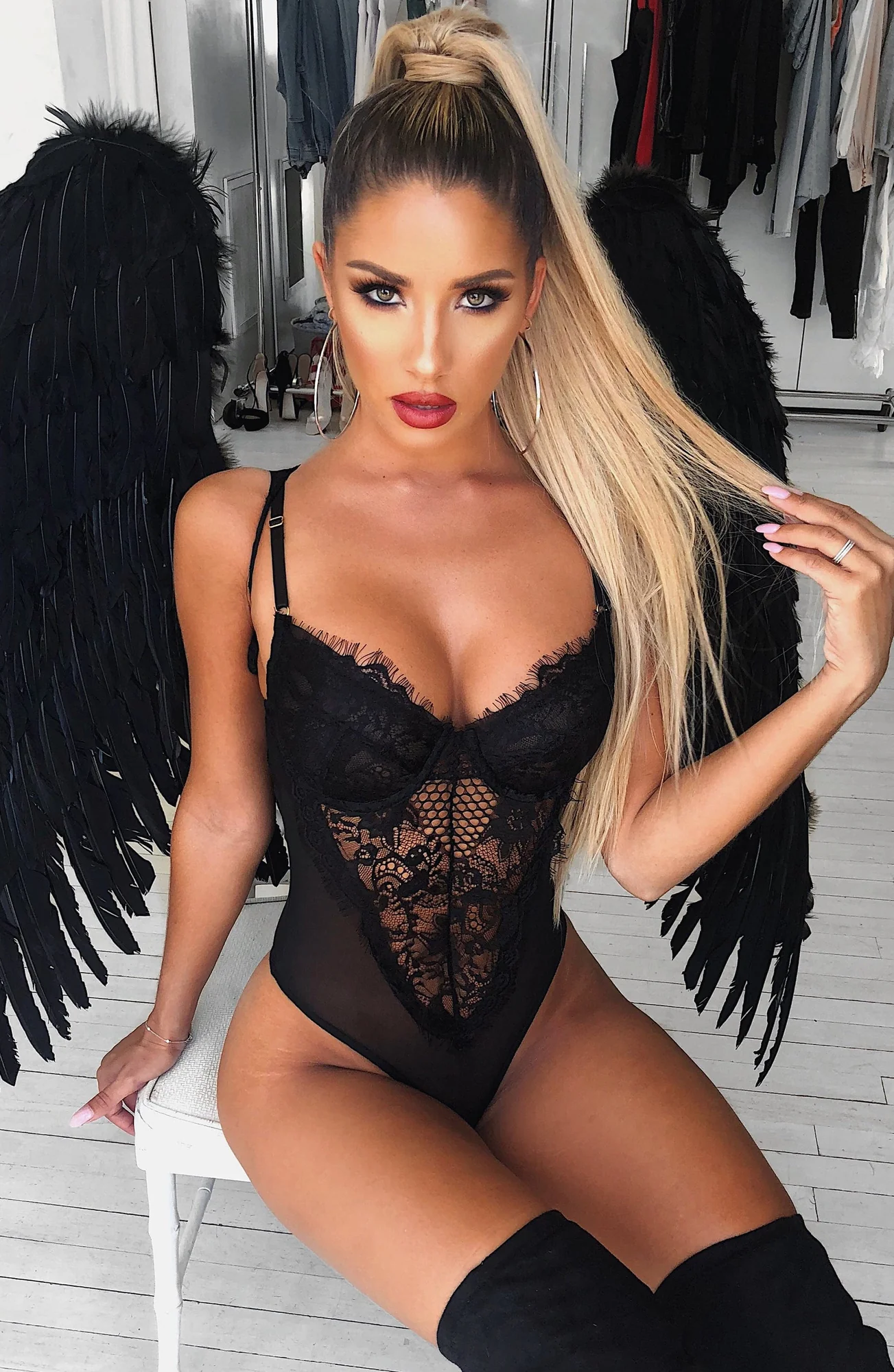 Black Lace Bodysuit with Underwired Bust Cups