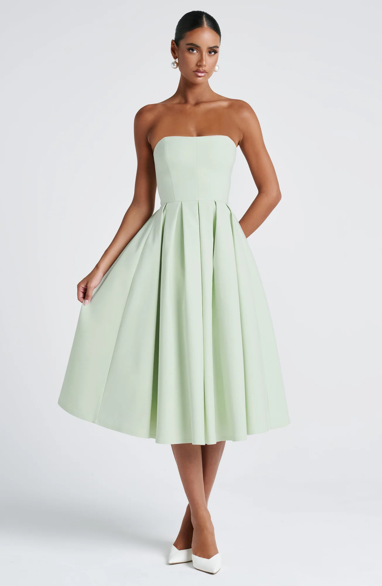 Mint Strapless Midi Dress with Boning - Feminine Elegance