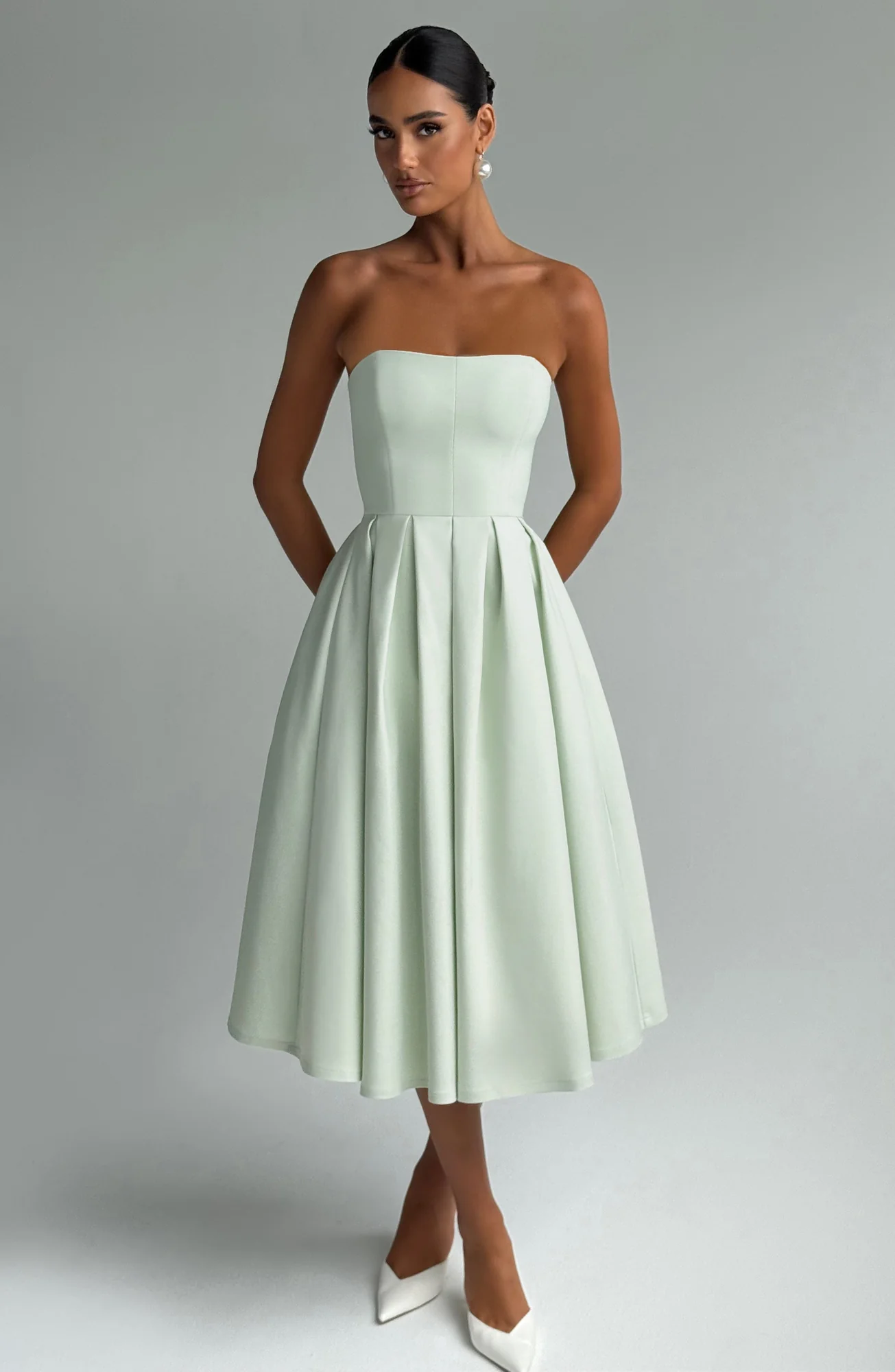Mint Strapless Midi Dress with Boning - Feminine Elegance