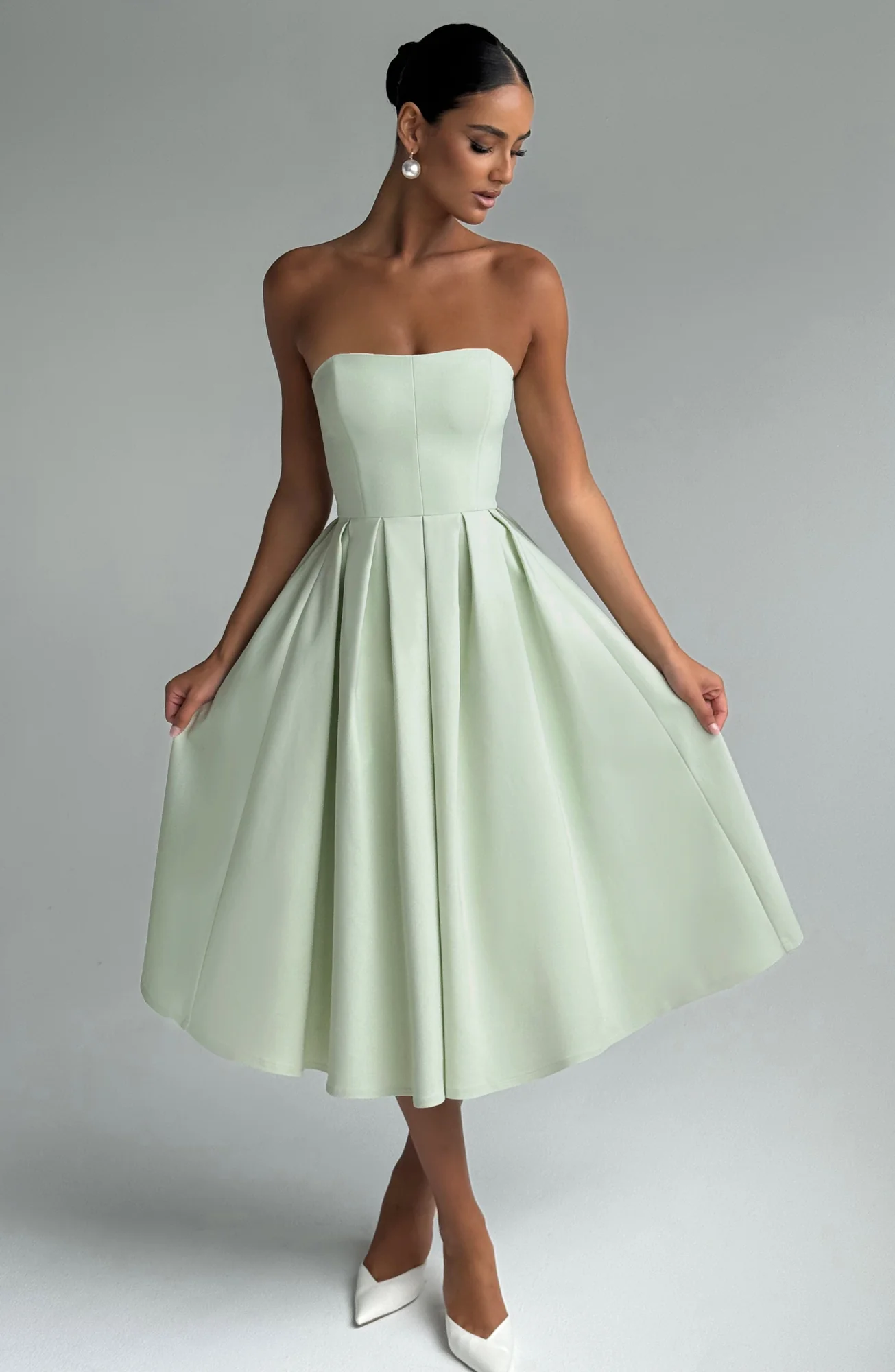 Mint Strapless Midi Dress with Boning - Feminine Elegance