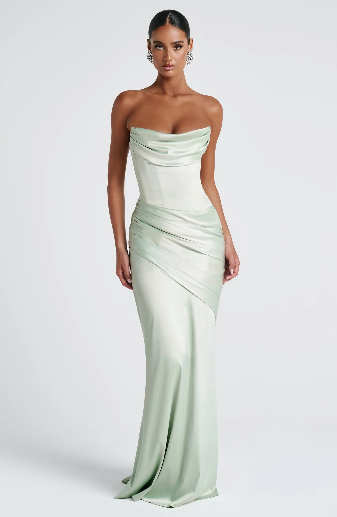 Mint Formal Satin Maxi Dress with Lace-Up Back