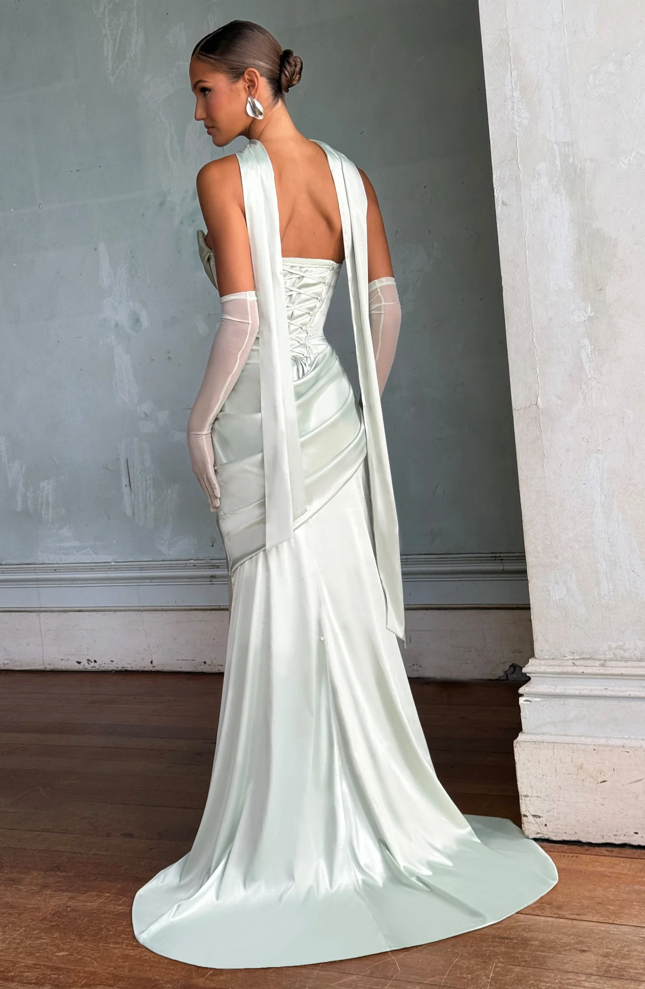 Mint Formal Satin Maxi Dress with Lace-Up Back