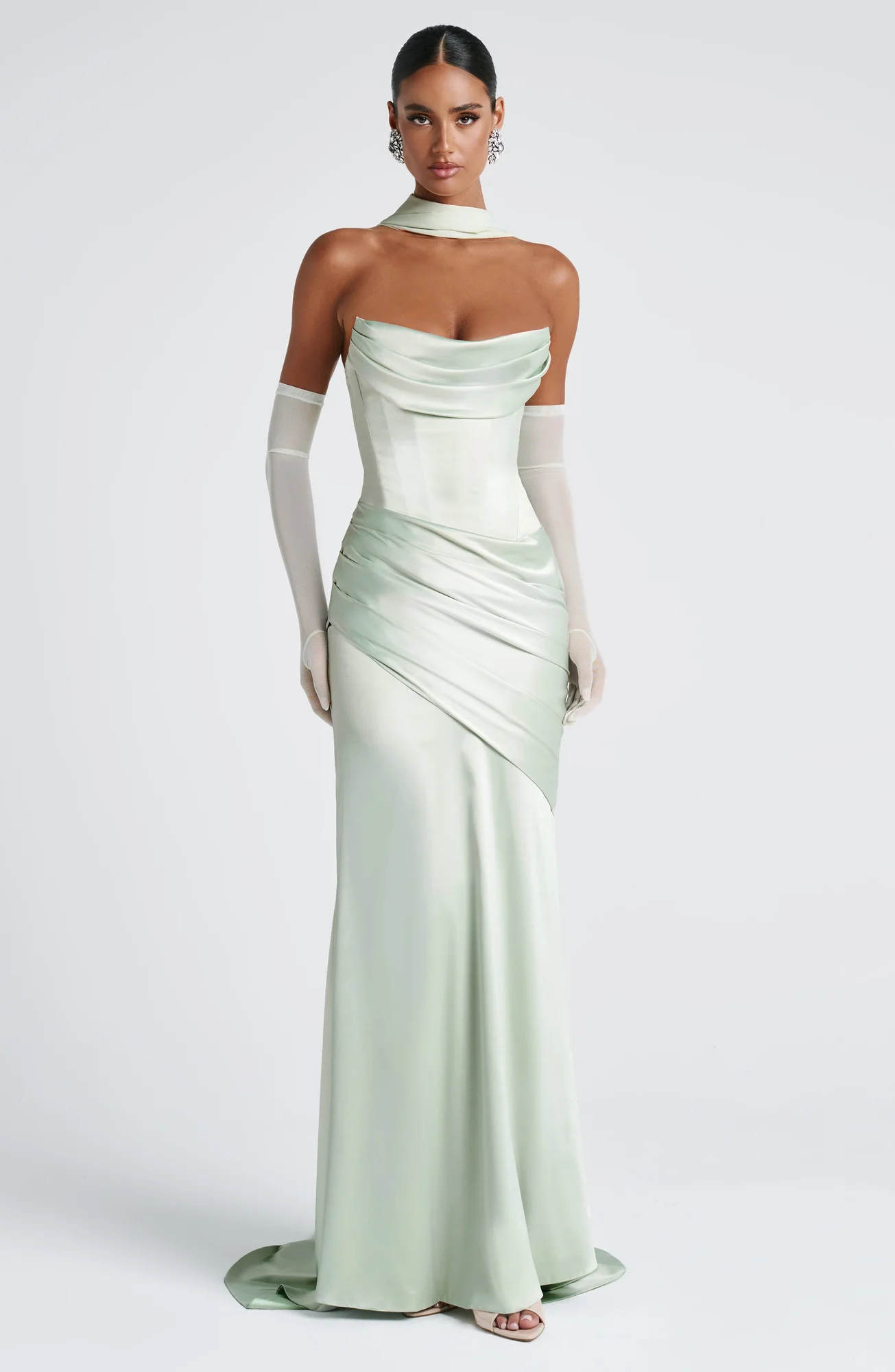 Mint Formal Satin Maxi Dress with Lace-Up Back