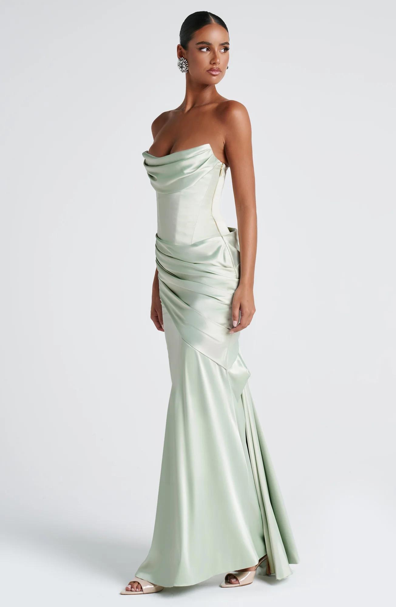 Mint Formal Satin Maxi Dress with Lace-Up Back