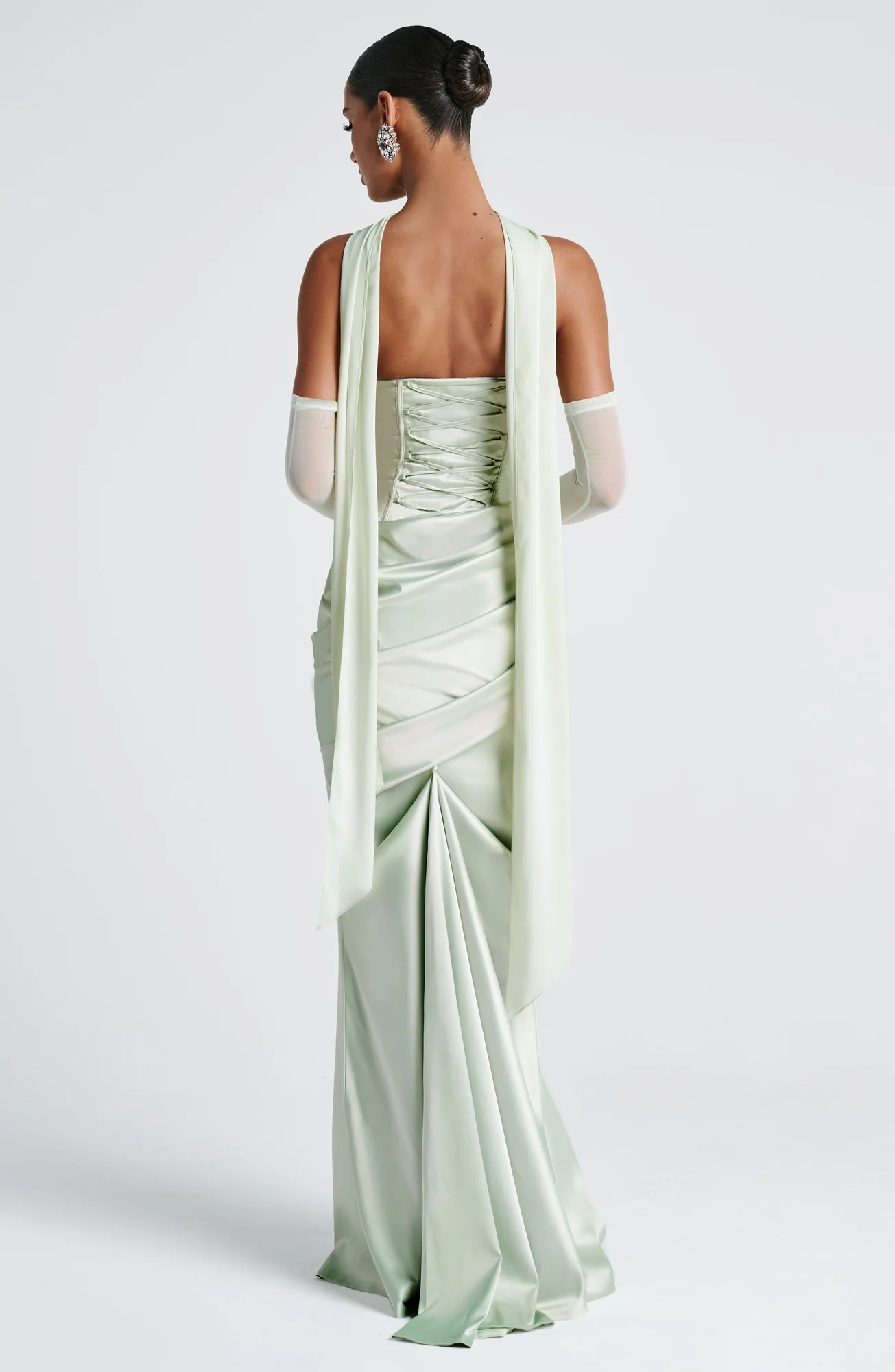 Mint Formal Satin Maxi Dress with Lace-Up Back