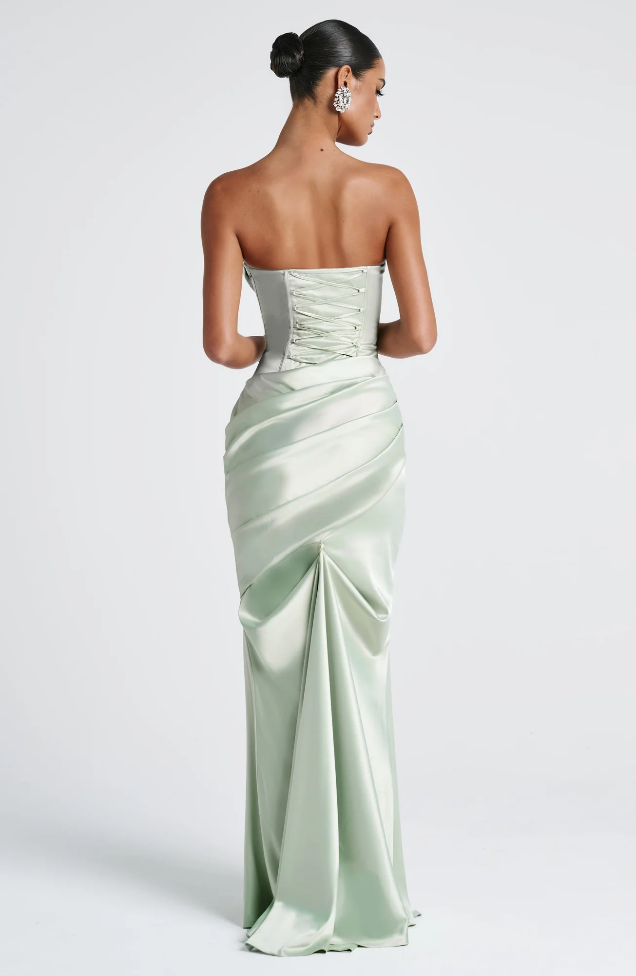Mint Formal Satin Maxi Dress with Lace-Up Back